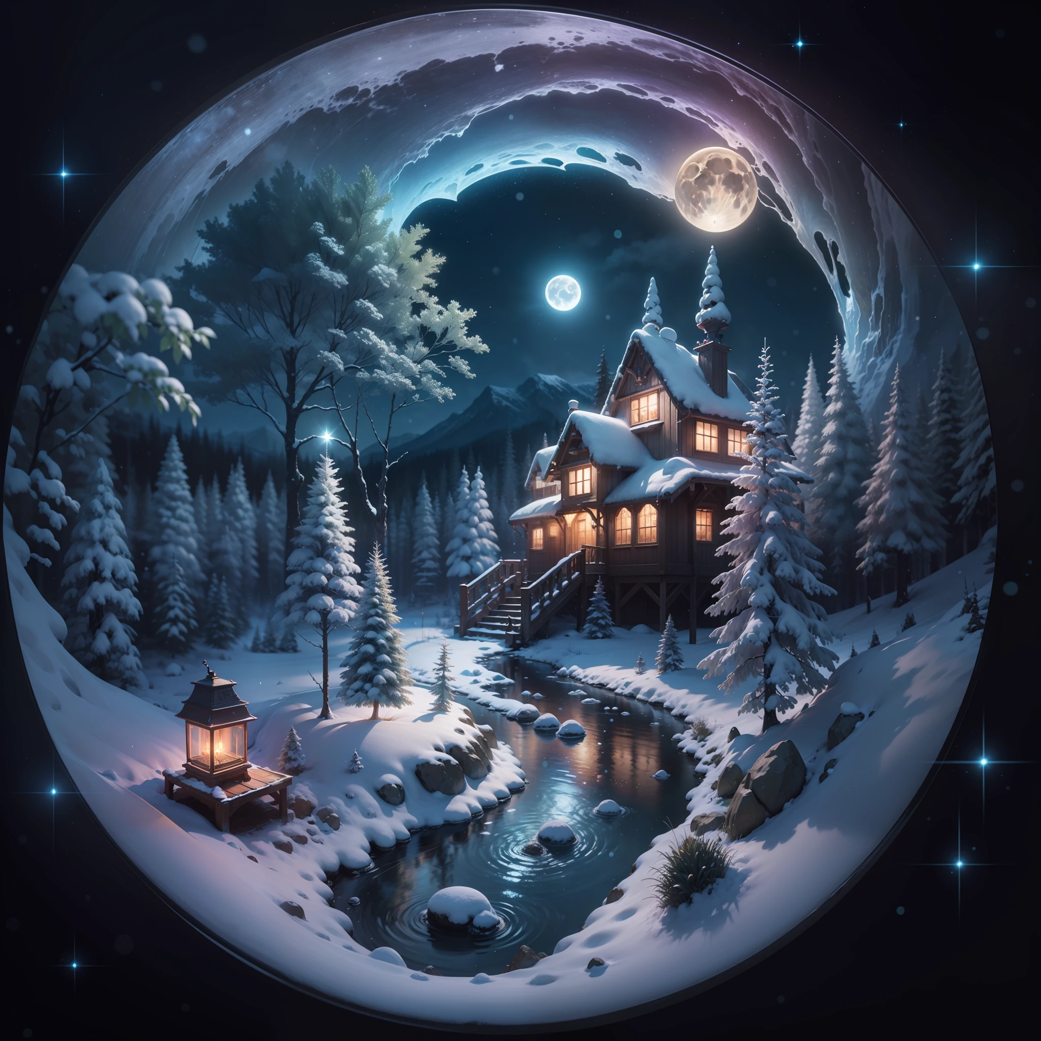 ((Combine special effects, High-quality aesthetic picture texture))The white fairytale cottage shines brightly，Detailed depiction of large snowflakes，It is surrounded by a forest of snow-capped trees，A slowly flowing river，The White Mountains are tall and green，A waterfall shining with white light，Christmas style，Particles fly in your hands，Night falls under purple fluorescence，The bright moon shines with the stars。