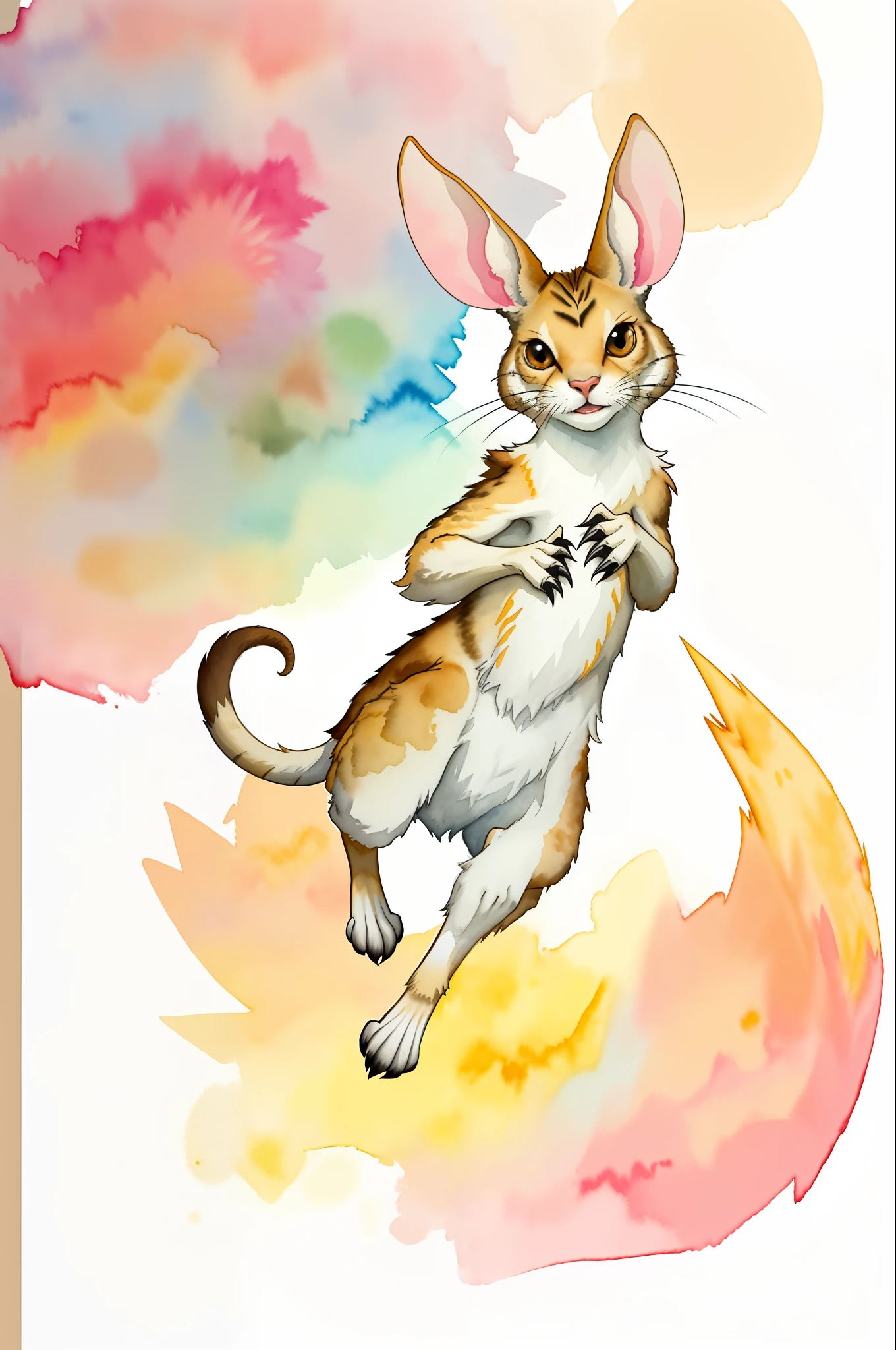 Alabaster Jerboa, pale tan fur, long tail ending in fluff, big jerboa ears, hopping around, masterpiece, best quality, (in watercolor painting style)
