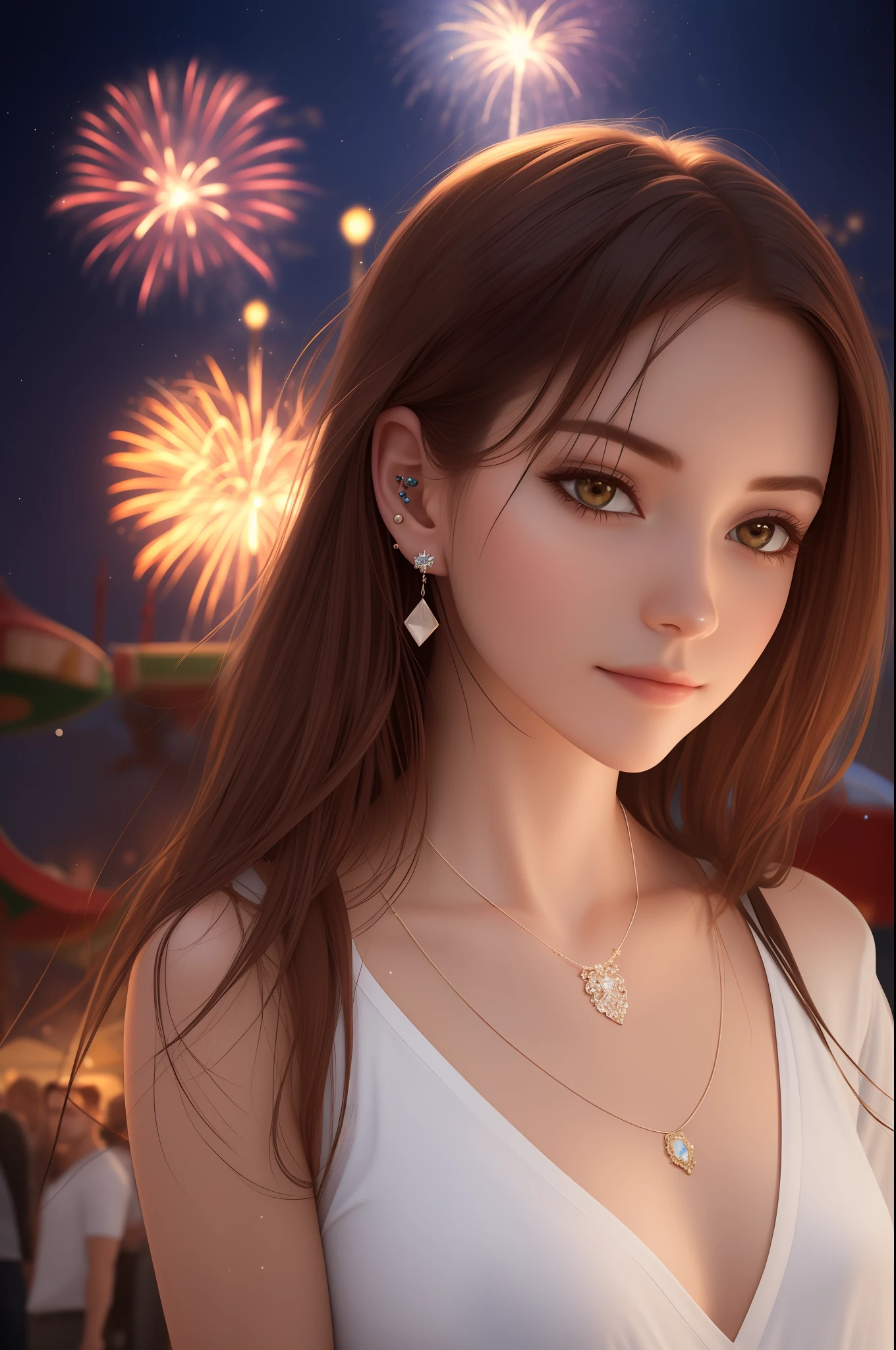 Realistic, Masterpiece, High Resolution, (Glowing Particles: 1.3), Moonlight, Lens Flare, (Cinematic Light), Illustration, Amusement Park, (Crowd: 1.4), Fireworks, [: (Face Detail: 1.2): 0.2] , detailed, detailed clothing, detailed background, 1 female, 1 male, dynamic pose, 30 years old, (disheveled hair: 1.2), fair skin, wearing a white T-shirt, (ear piercing: 0.5), (necklace: 0.5), (see looking at each other), romantic couples,