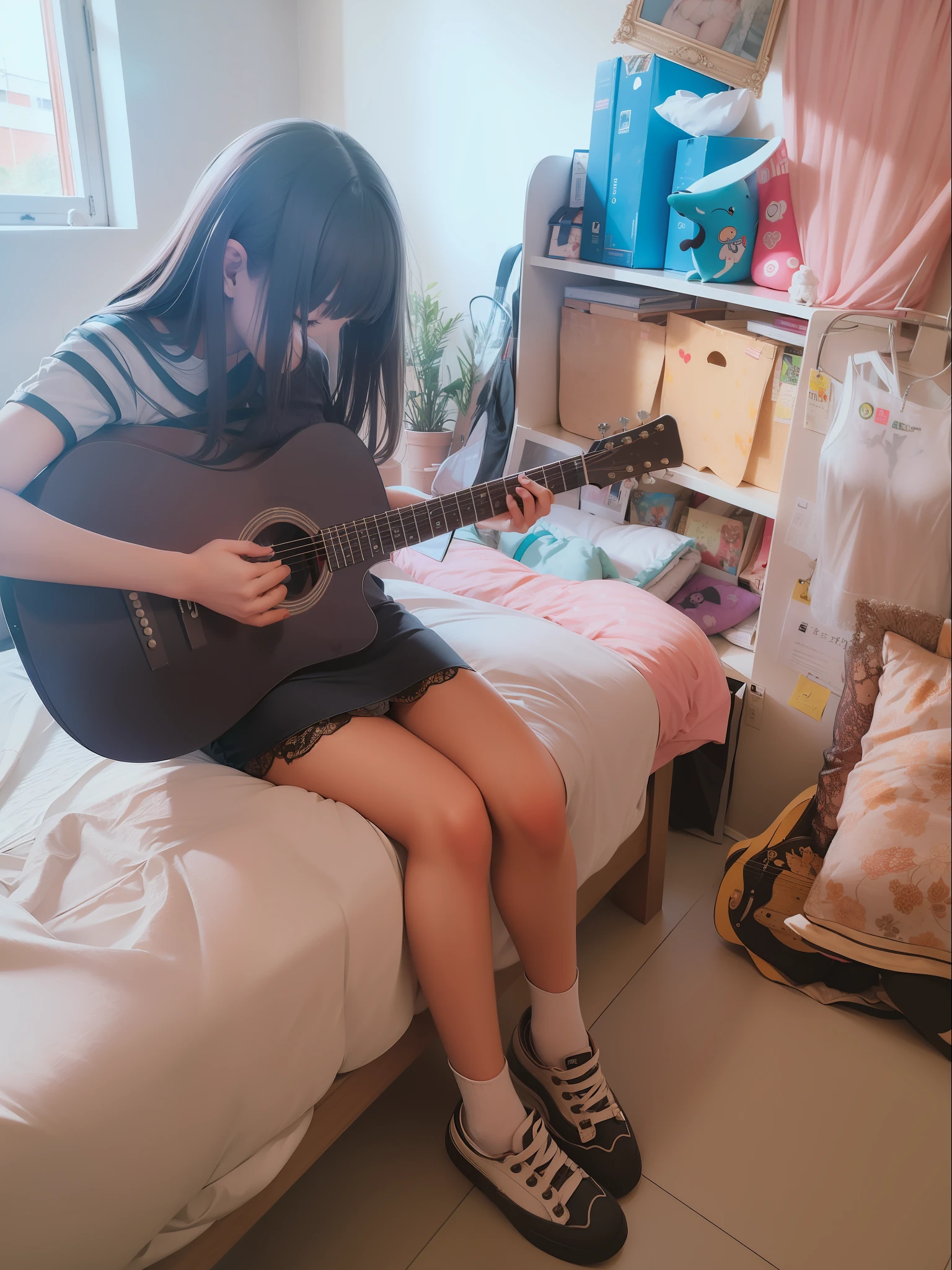Girl playing guitar，Pretty girl，bare-legged，Wear JK，adolable，Bigchest，long leges，bare-legged