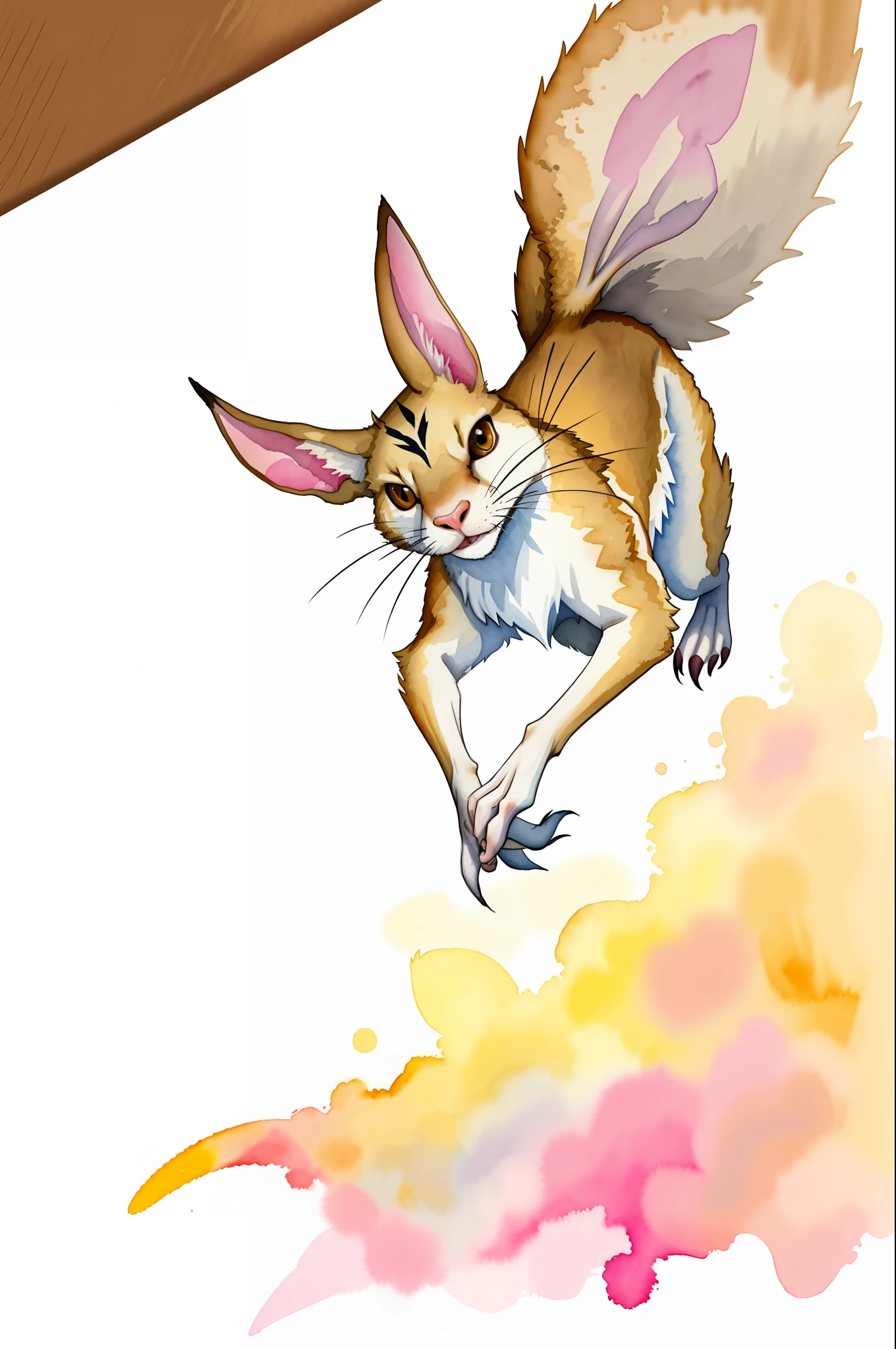 Alabaster Jerboa, pale tan fur, long tail ending in fluff, big jerboa ears, hopping around, masterpiece, best quality, (in watercolor painting style)