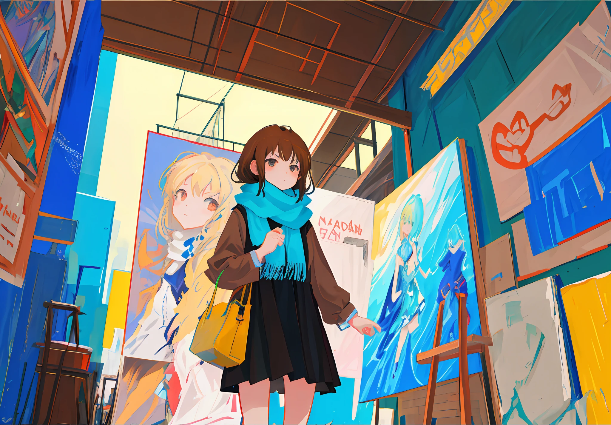 Anime girl in brown dress and blue scarf standing in front of a painting, Digital art on Pixiv, trending on artstation pixiv, Guweiz in Pixiv ArtStation, Anime fantasy illustration, style of anime4 K, Guweiz on ArtStation Pixiv, Digital anime illustration, pixiv contest winner, Anime fantasy artwork, Detailed digital anime art