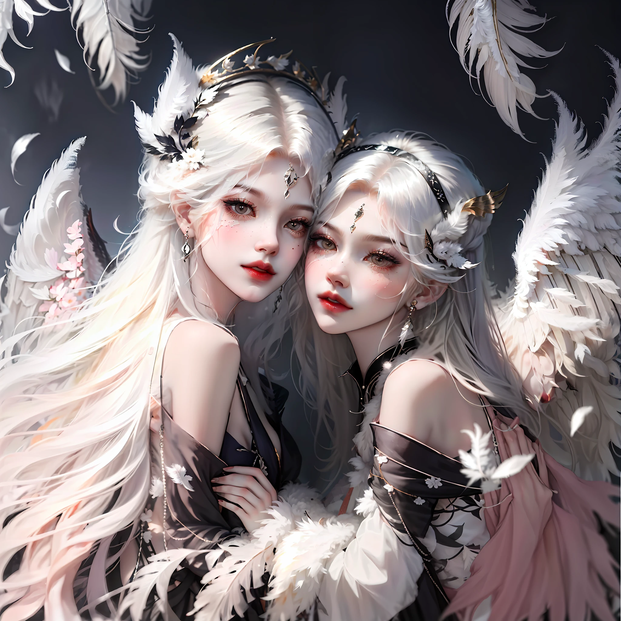 Best Quality, twins, Super beautiful girl, Beautiful long hair, (Black and white wings), White wolf ears, Headdress of feathers, calm and temperamental, Indifferent eyes, Apricot eyes, long eyelashes, Hazy background