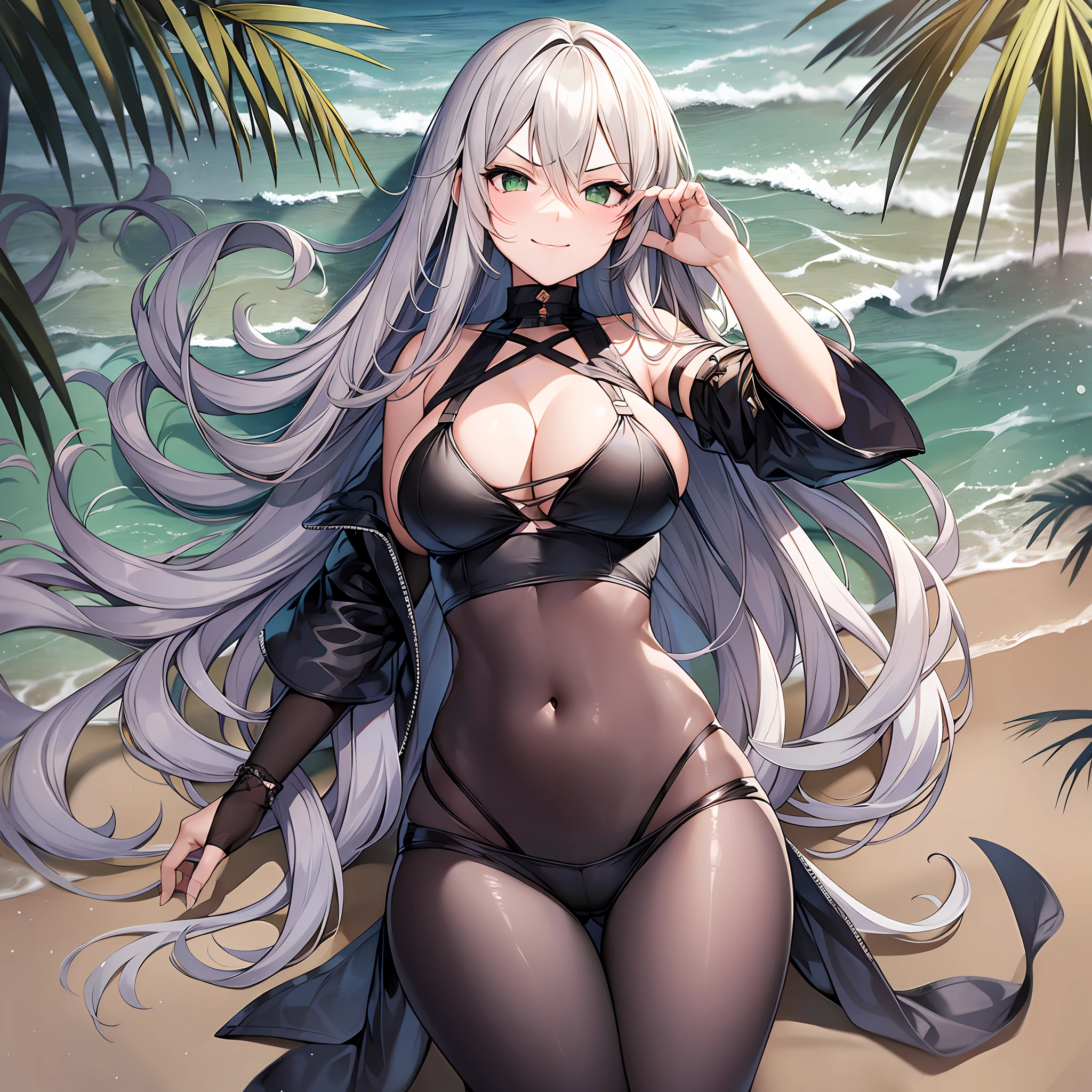 Black stockings adult-oriented,big breasts thin waist,Black transparent bikini,long whitr hair,Be red in the face,drools,in the water,long layered silvery white hair,roll eyes,Soaked --auto