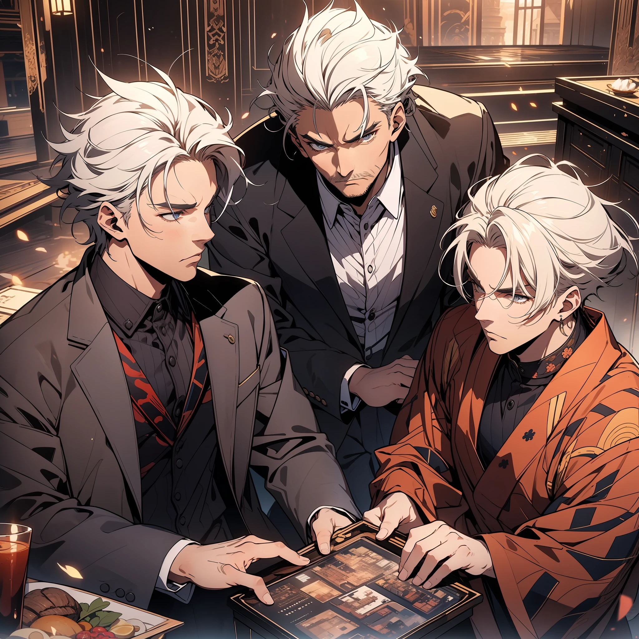 Multiplayer graph,White-haired old man,Black-haired young man,Gorgeous palace,Shogun,sitted,Business suit,whaite hair,brunette color hair,serious-expression