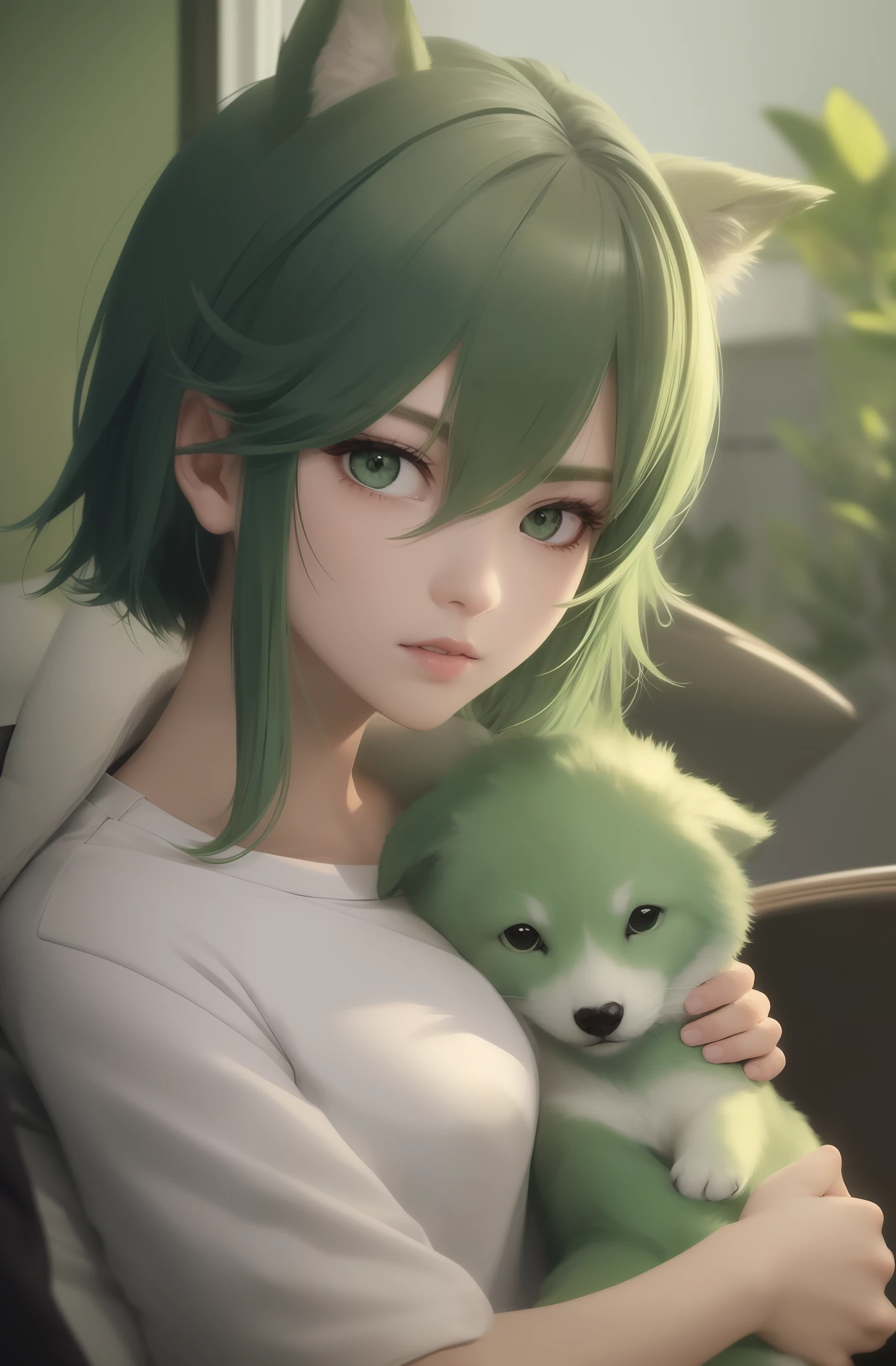 ember,prengant,Light green hair,Green eyes,Half lying in bed,Wear a sweatshirt