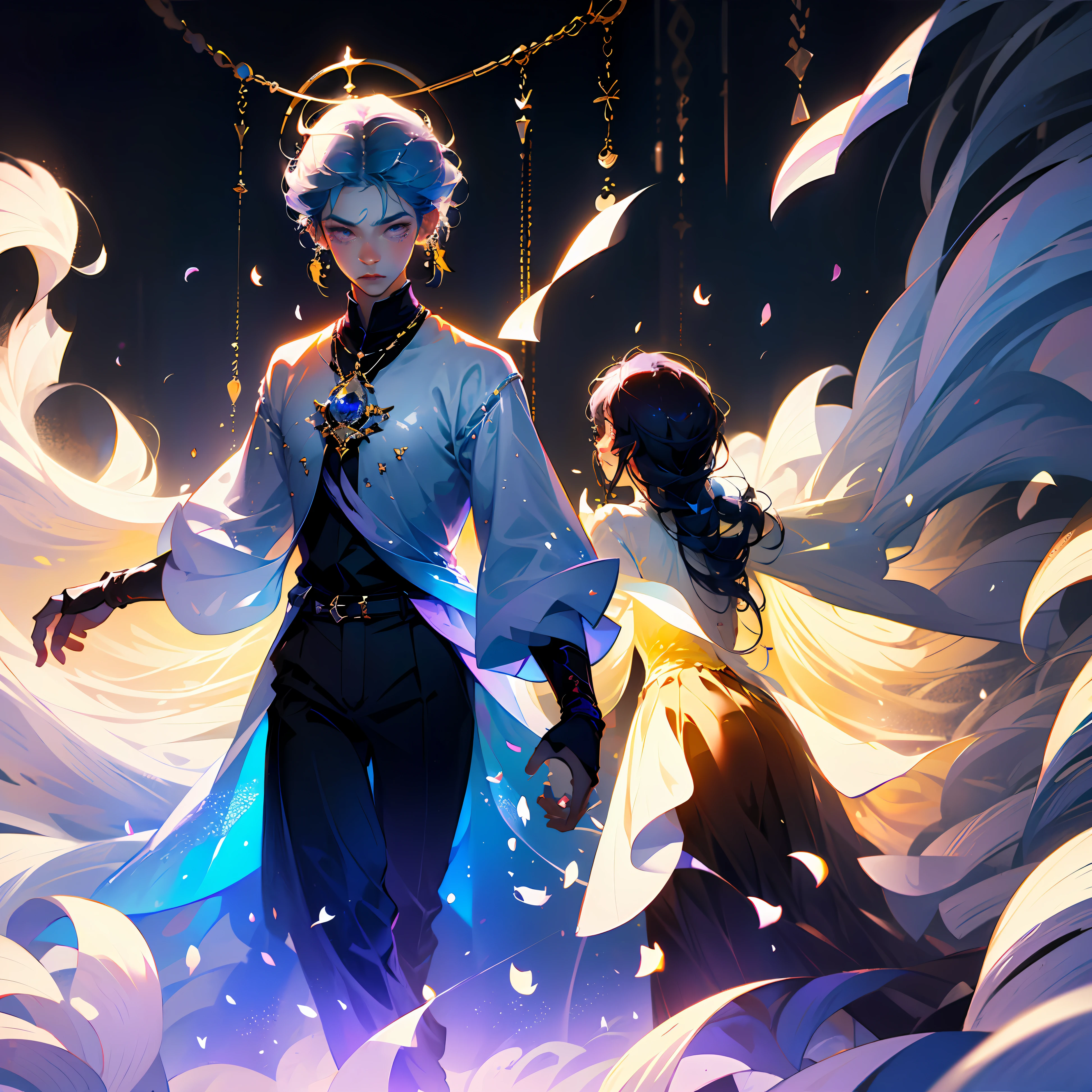 White space,Violet petals on boy's head,Fair face,blue hair,Long eyelashes with tears,flabbiness,Blue flowers in hand,wear white shirt、Black shoes、Reveals slender calves,Light and shadow fall from the ceiling,Light gouache wind。 --auto