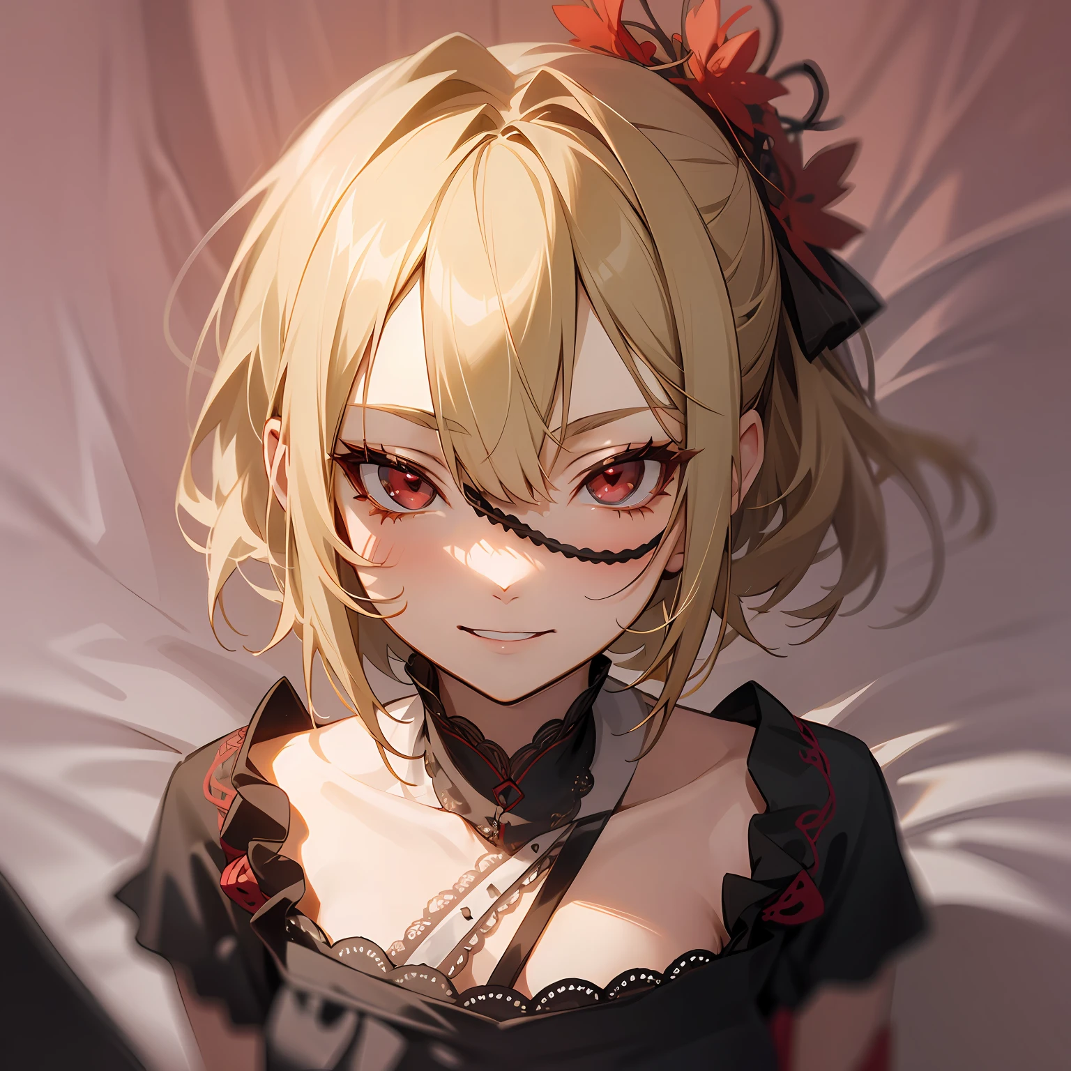 streaked hair, blonde hair, hair behind ear, crossed bangs, maid headdress, hair bobbles, hair tie, mole under eye, heart-shaped pupils, raised eyebrows, open mouth, blush, shy, ear blush, cinematic lighting, anime style, UHD, textured skin, high details, 4K --auto