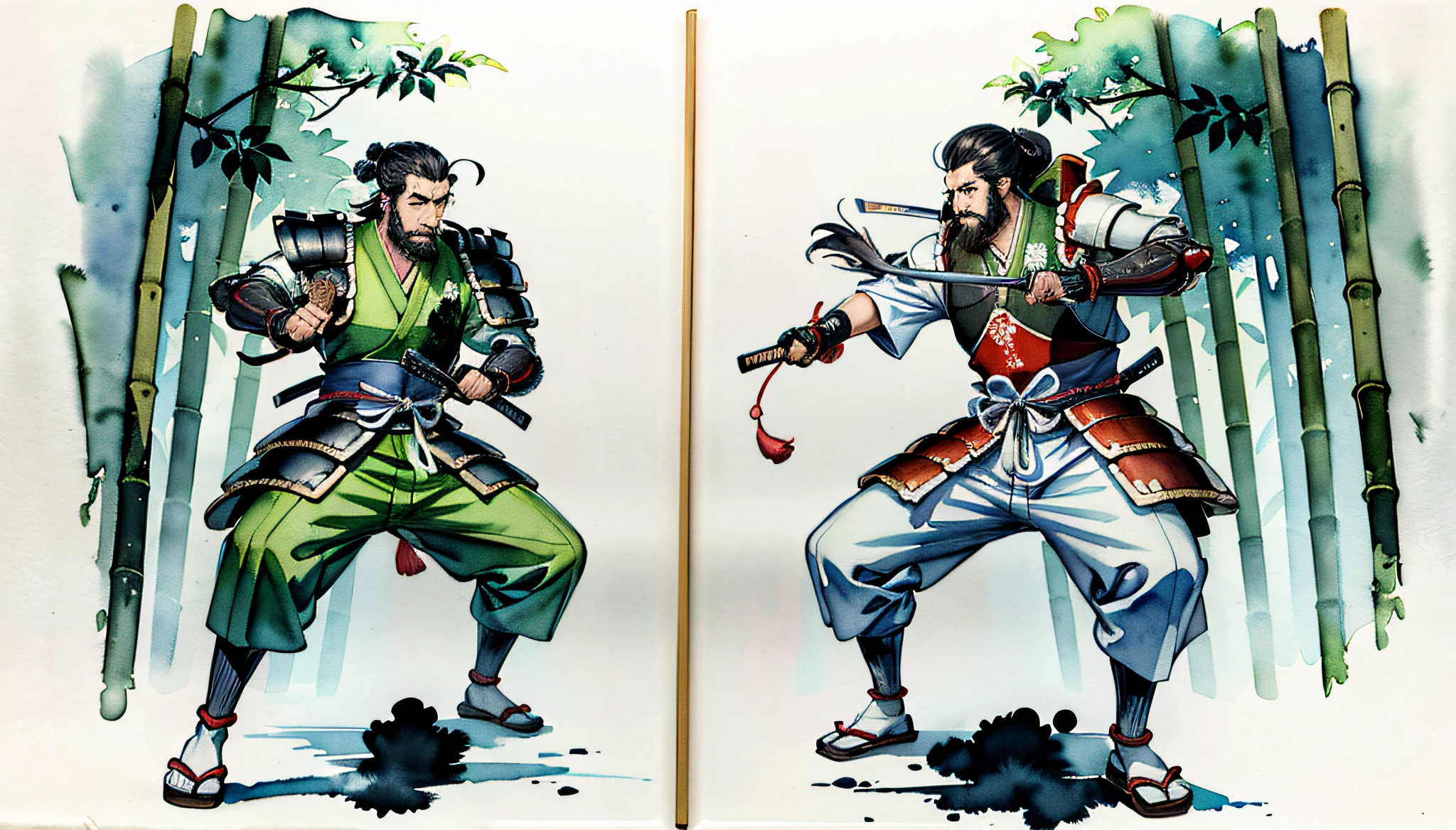 Kentaro Miura, 2d, shukezouma, ((dynanic pose)), fighting, warrior, ink painting, shuimobysim , bamboo, ((nature)), (negative space), clean background, ((watercolor)), on (((parchment))), ancient, far shot, masculine, ancient china art, hanfu, beard, man, ((drawing katana)), katana, sword, ((wearing Japanese samurai armor)), blue and green ink,