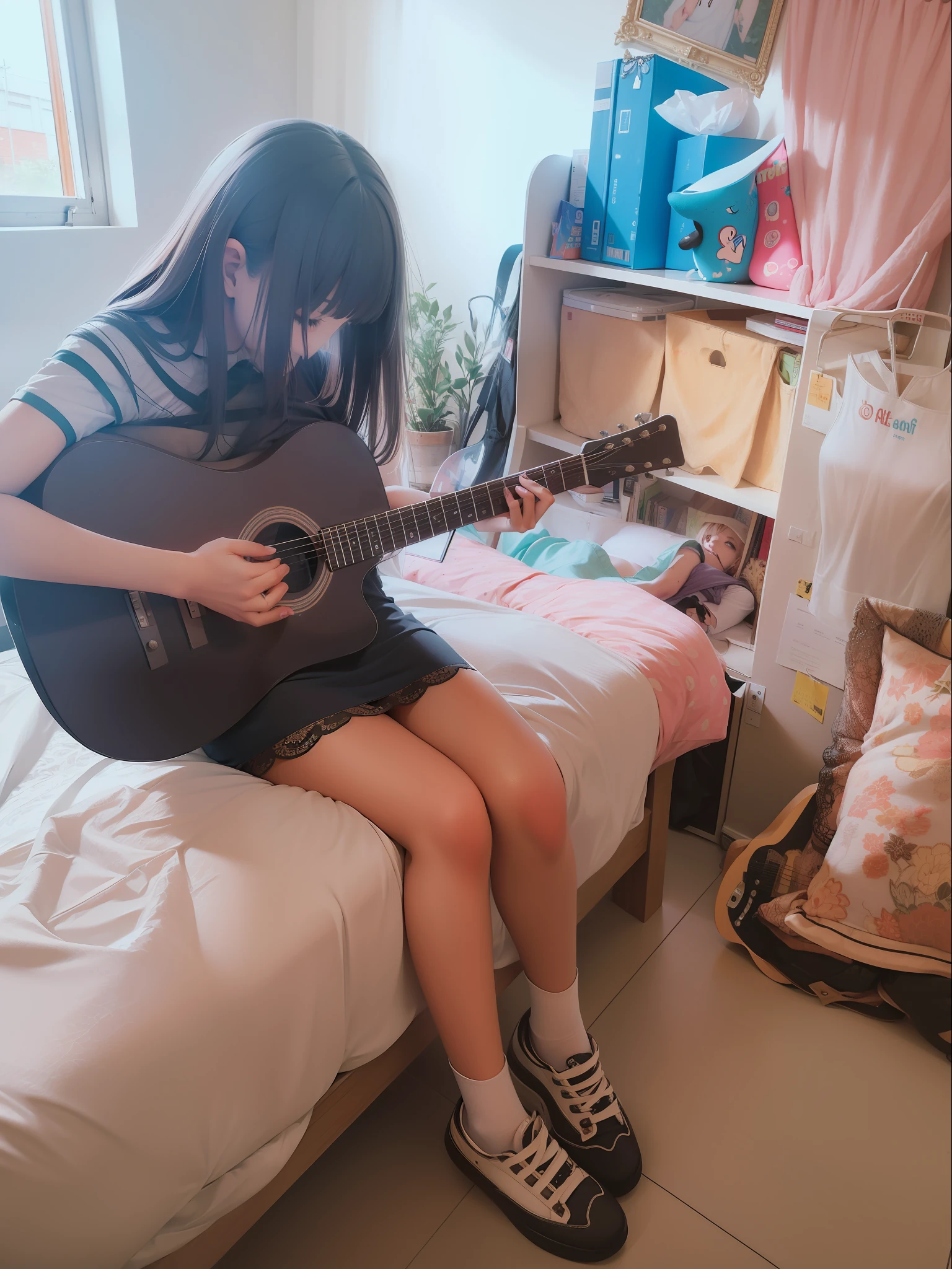 Girl playing guitar,Pretty girl,bare-legged,Wear JK,adolable,Bigchest,long leges,bare-legged