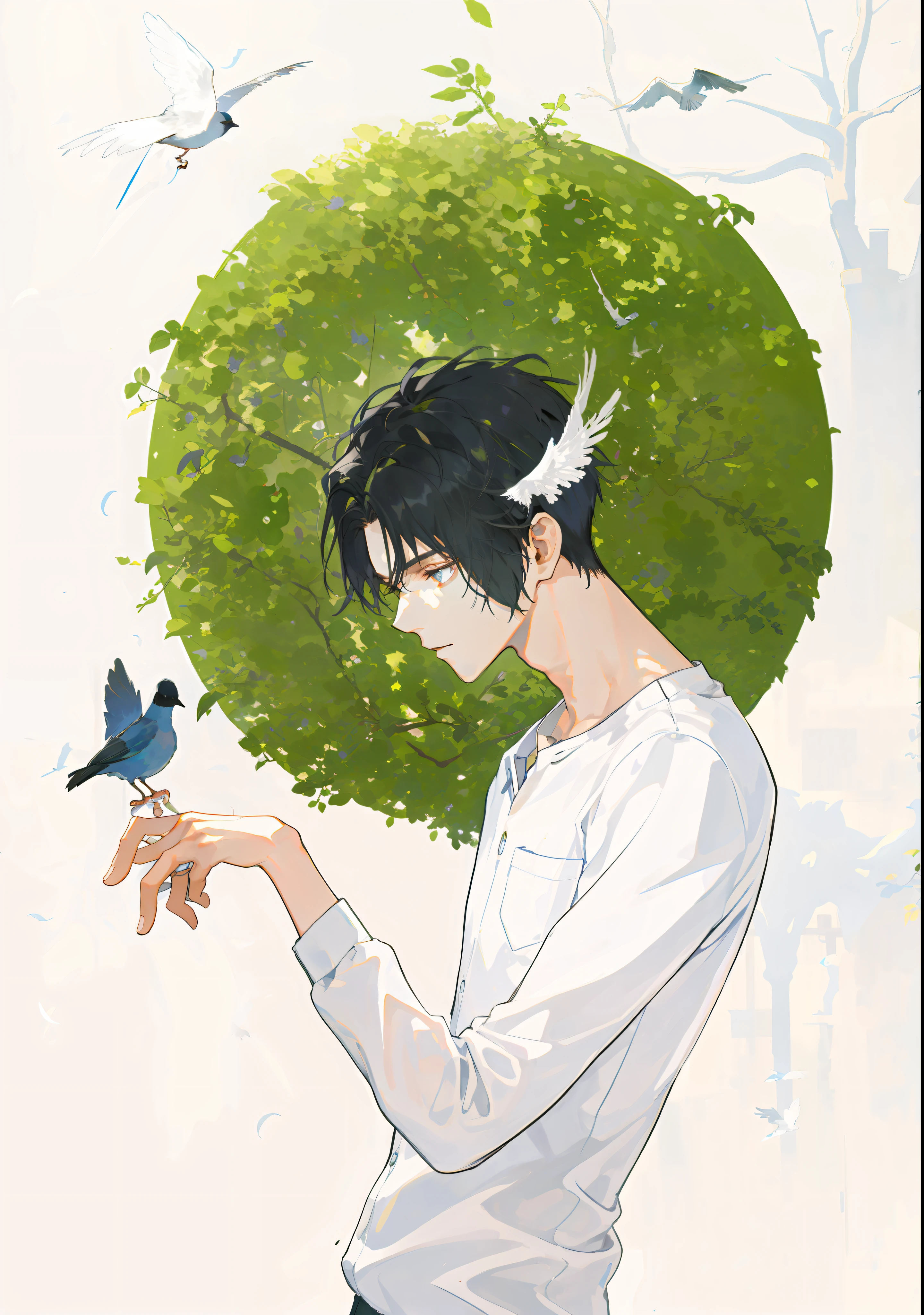 masterpiece, best quality, 1boy, male focus, handsome, residential area, fence, spindle trees, afternoon sun, the way home from school, school uniform, backpack, flock of birds, from directly side, depth of field