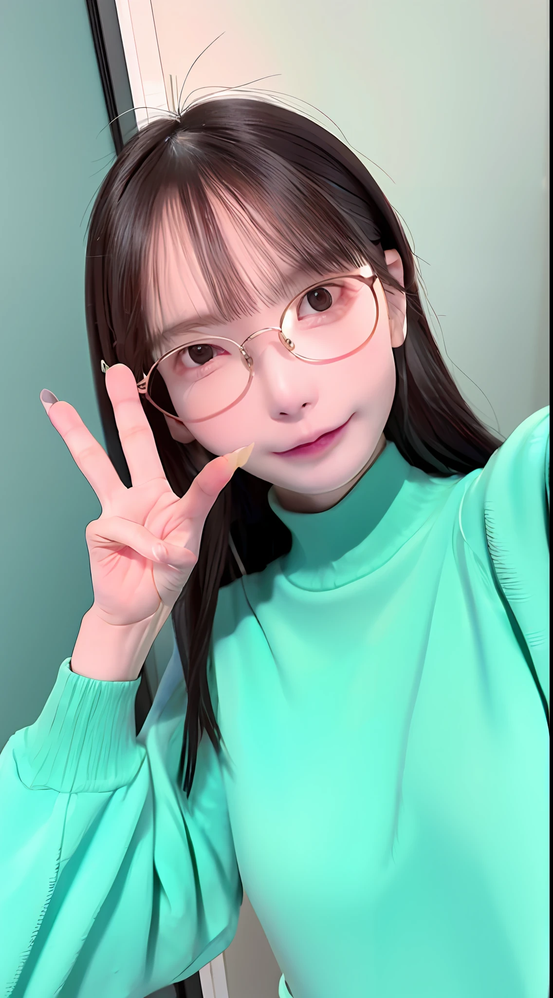 there is a woman with glasses making a peace sign with her fingers, wearing small round glasses, wearing thin large round glasses, clear cute face, With glasses, thick glasses, close-up face, thick round spectacles, wearing round glasses, eye glass, large round glasses, !!wearing modern glasses!!, 8k selfie photograph, with square glasses, ulzzangs