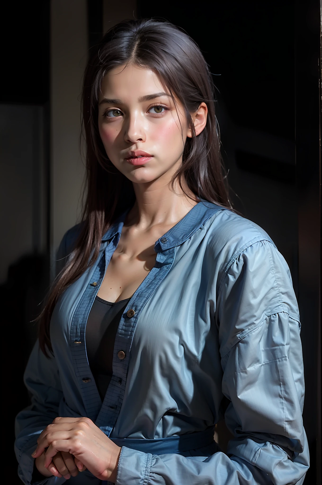 Hyperrealist portrait of female by david hockney and alphonse mucha,fantasy art, photo realistic, dynamic lighting, artstation, poster, volumetric lighting, very detailed faces, 4 k, award winning,, 1girl, in the dark, deep shadow, low key,cowboy shot,(official clothing:1.4) ,long hair,white hair,