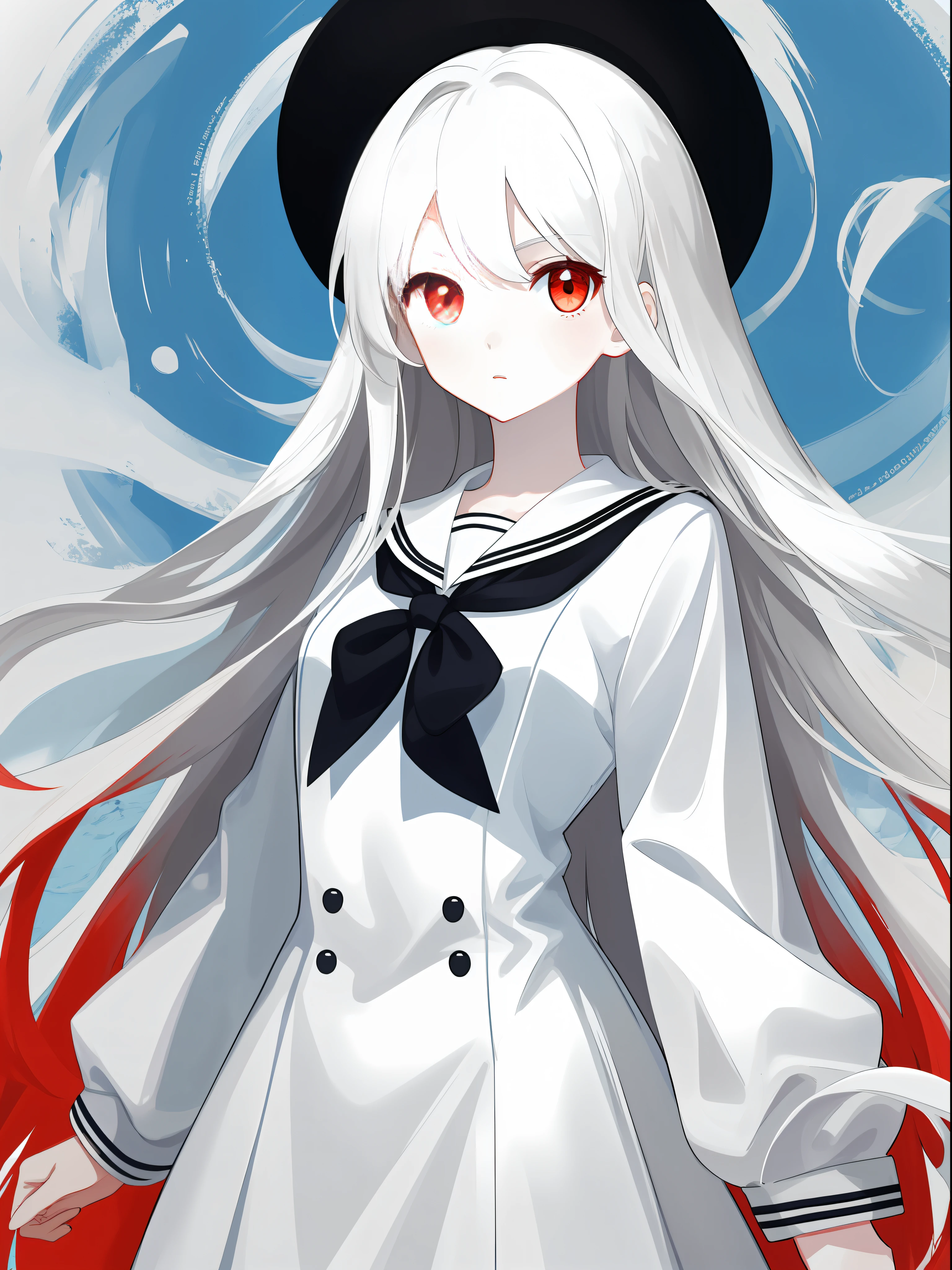white long straight hair，red color eyes，Two-dimensional painting style，Cute girl，The upper part of the body，White sailor suit，white skinned，Need，tmasterpiece，B cup