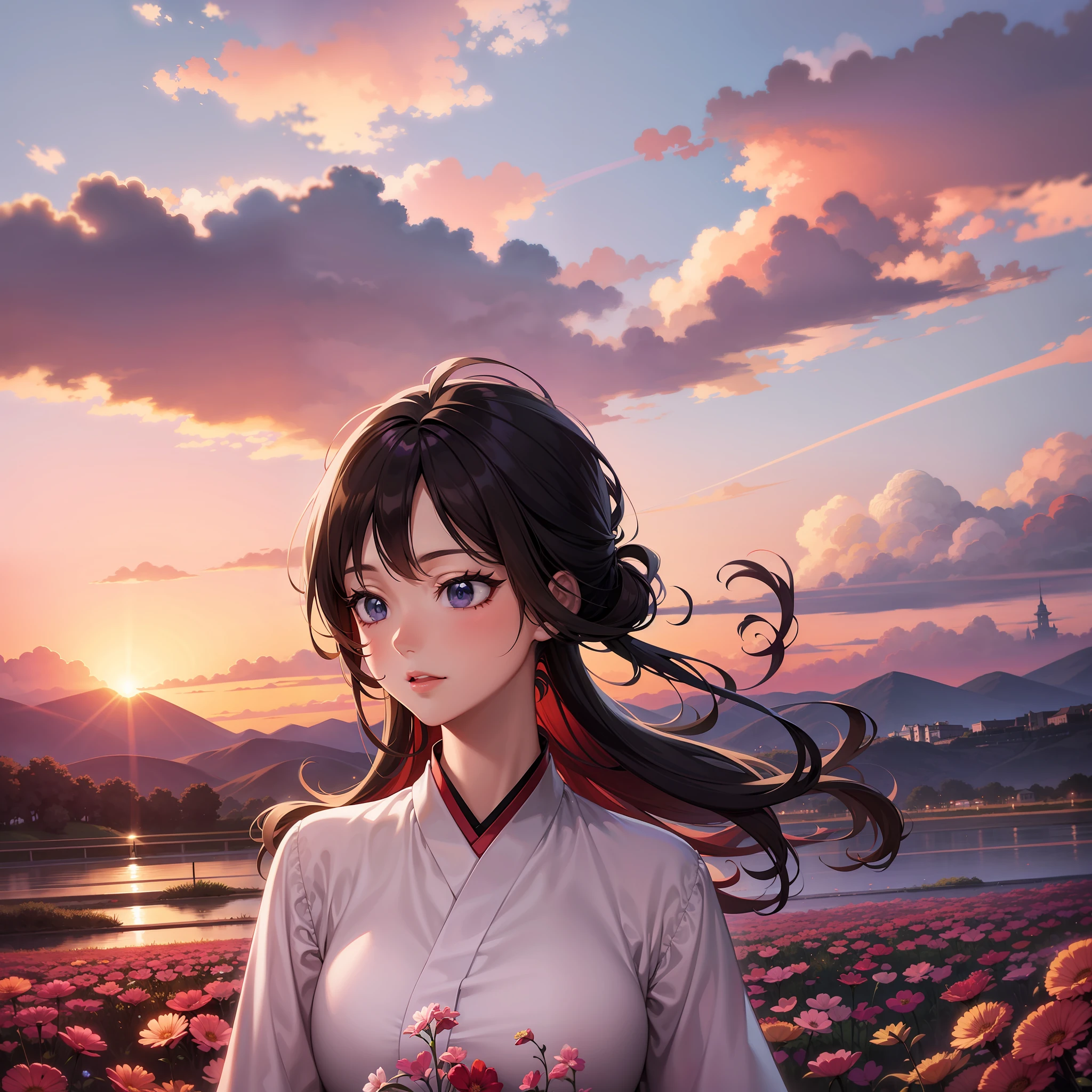 anime girl with long hair standing in a field of flowers, style of anime4 K, Beautiful anime, a beautiful anime portrait, 4K anime wallpaper, Anime wallpaper 4K, Anime wallpaper 4 k, Anime art wallpaper 8 K, Anime art wallpaper 4k, Anime art wallpaper 4 K, Beautiful anime girl, Palace ， A girl in Hanfu, Anime Pictures