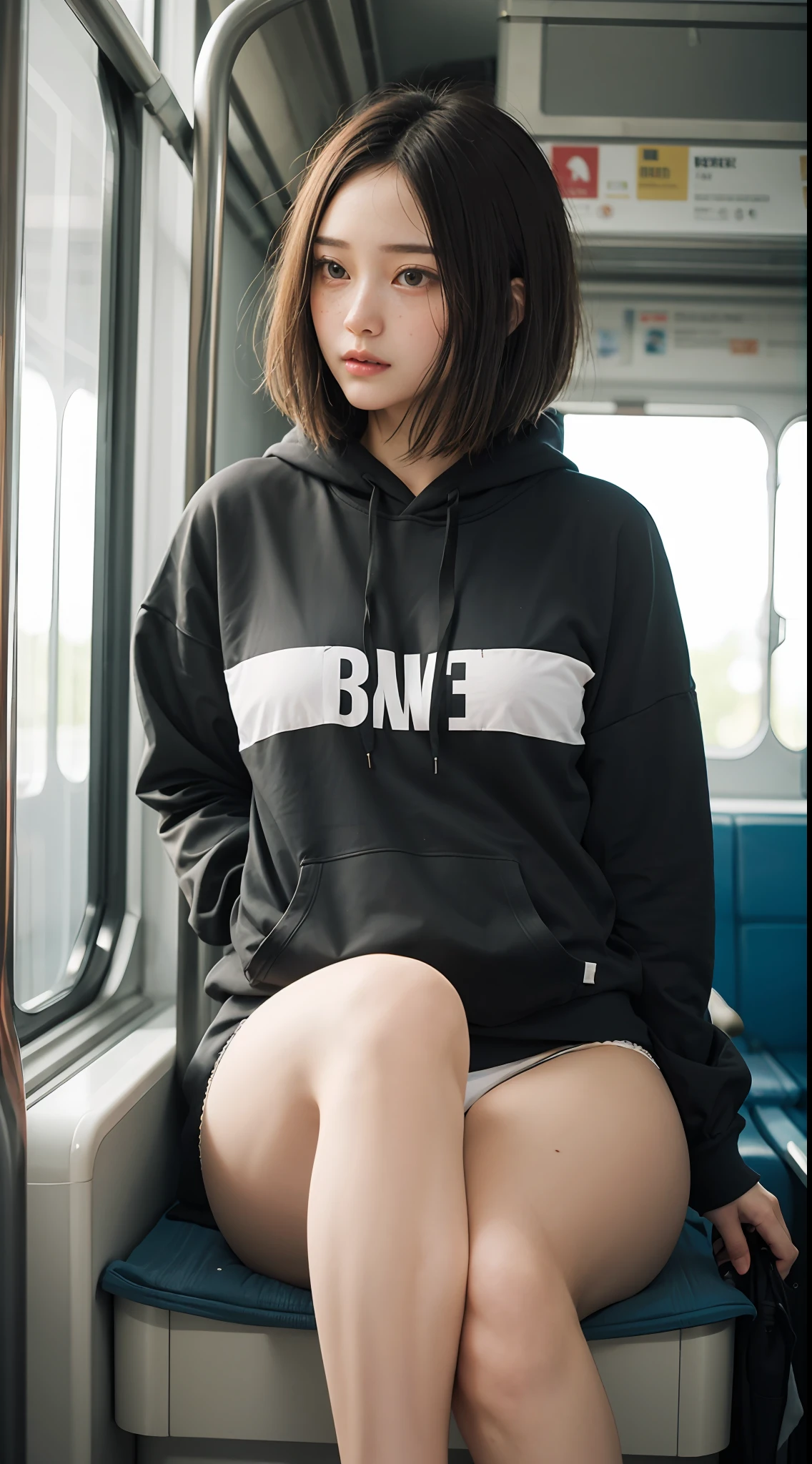 raw photo, inside train, sitting, spread legs, pale skin, delicate face, short wavy hair, freckles, legs spread:1.2, wide thigh gaps:1.2, hoody, laced underwear, best quality, 16k, masterpiece