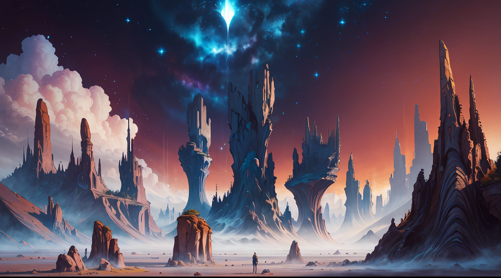 A surreal and dreamlike landscape with a group of people in the foreground. The landscape is a vast and surreal expanse of towering alien rock formations, cristais brilhantes e ilhas flutuantes. The people in the foreground are standing on a platform suspended in the air, olhando para a vista estranha e sobrenatural diante delas. They are dressed in a mix of futuristic and antique clothes, adding to the surreal and fantastic feel of the scene. The lighting is dim and mysterious, with a hint of magical luminescence emanating from the rocks and crystals. The general emotion conveyed should be one of admiration, curiosity and feeling of being transported to another world, UHD, 1080P, 8k, best quality, high quality, high details, super detail, masterpiece, anatomically correct