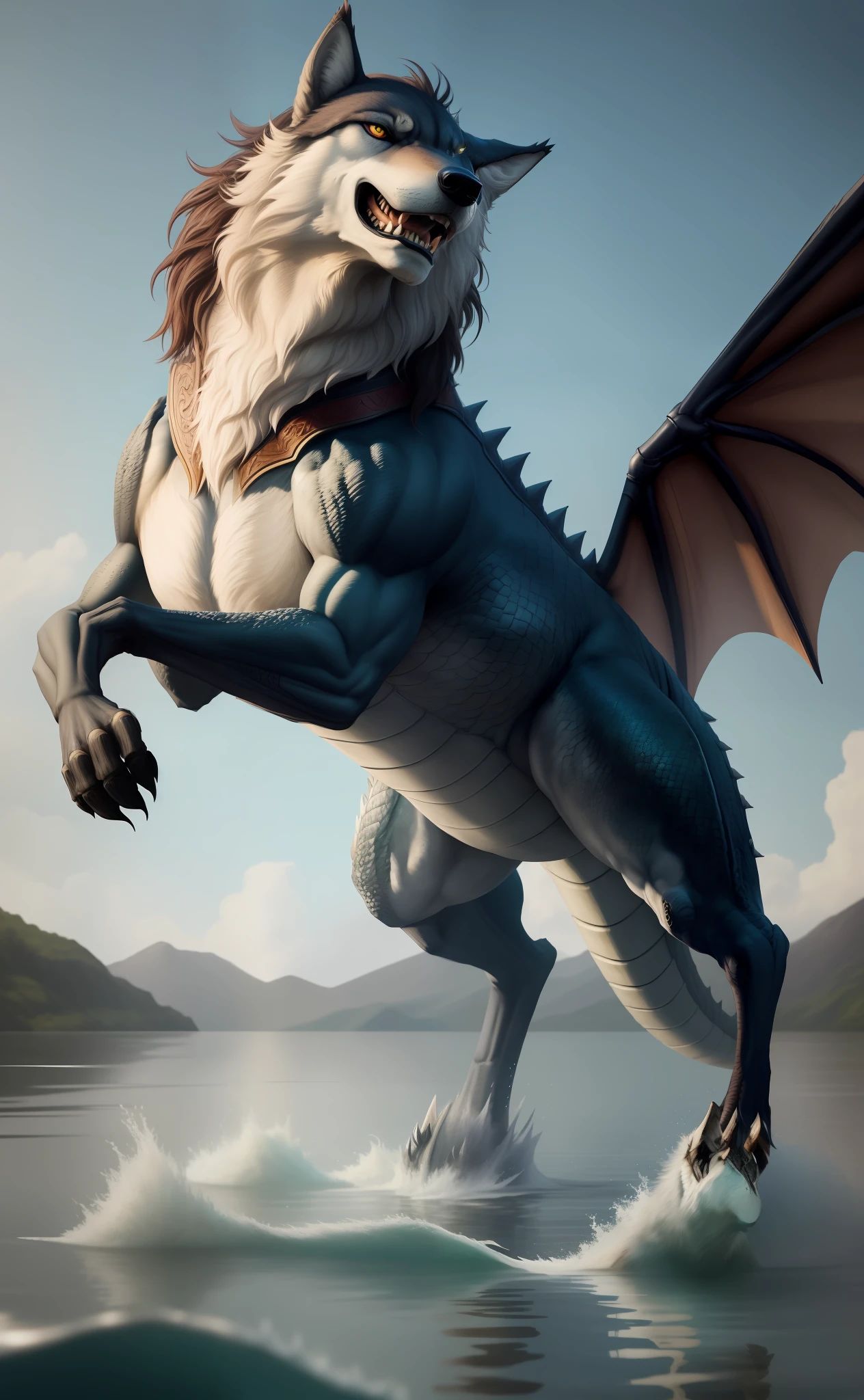 There is a half-wolf, The half-dragon stands on its hind legs in the water, Dramatic cinematic details fur, Furry character, hyper realistic fur, highly realistic photograph, cinematic full body shot, cinematic full shot, guardian of the holy lake, adventure hyper realistic render, volumetric fur, ultra-realistic picture, doing a majestic pose, hyperreal rendering,Tall and powerful,The waist is relatively small,The wings are large