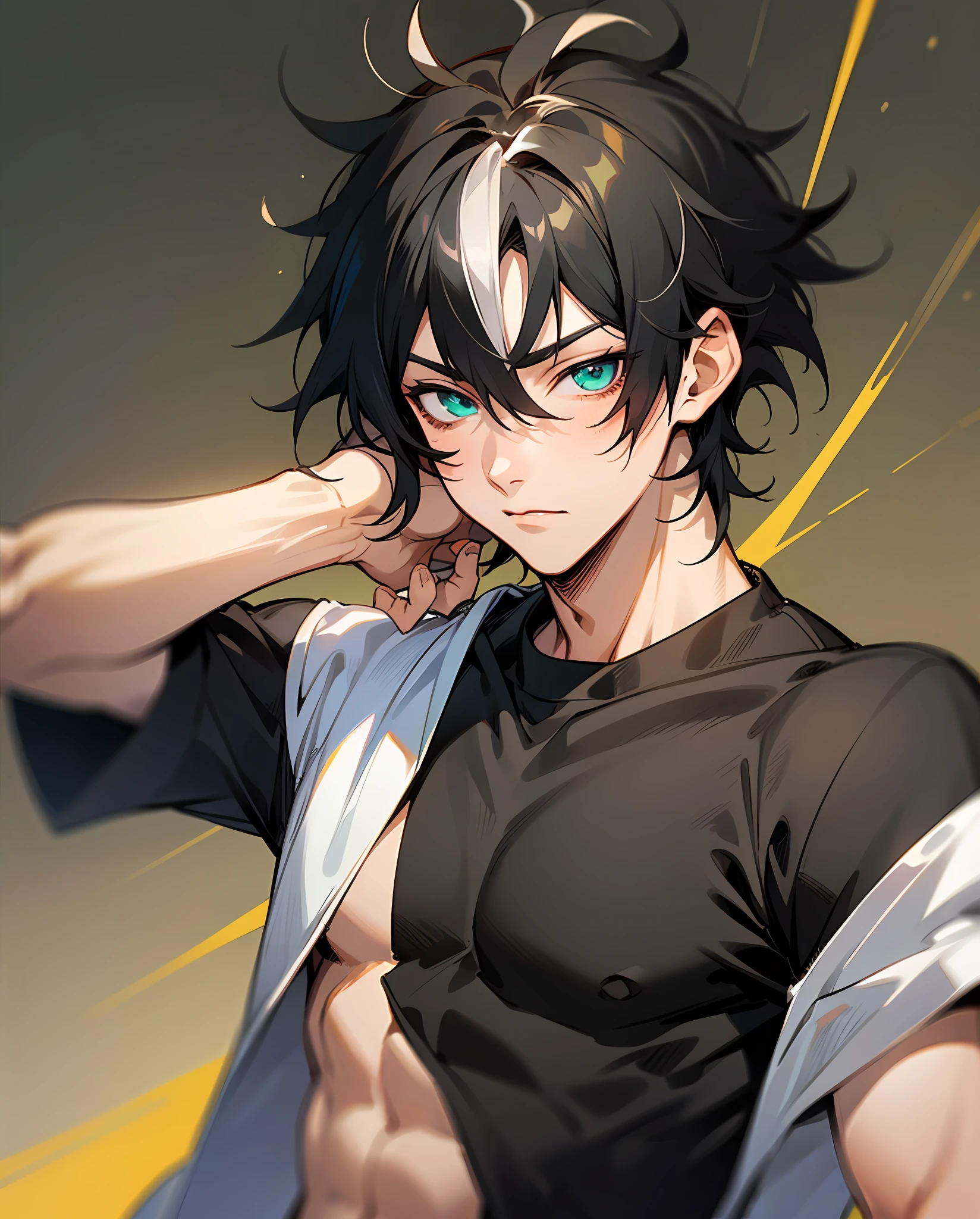 Anime, boy, a young male with striking features. He has messy black hair and a prominent white streak running through his hair. His body is slim and muscular, his eyes are intensely green, He wears a black top, combined with a white shirt. --auto --s2