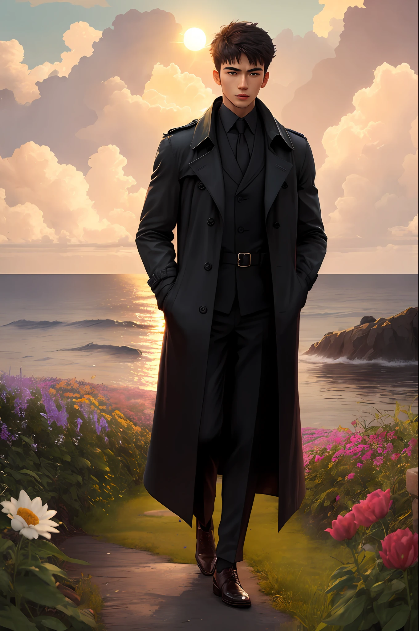 A handsome little brother with a height of 1.8 meters,Wearing a black trench coat,Gaze at the distant sun in a sea of flowers