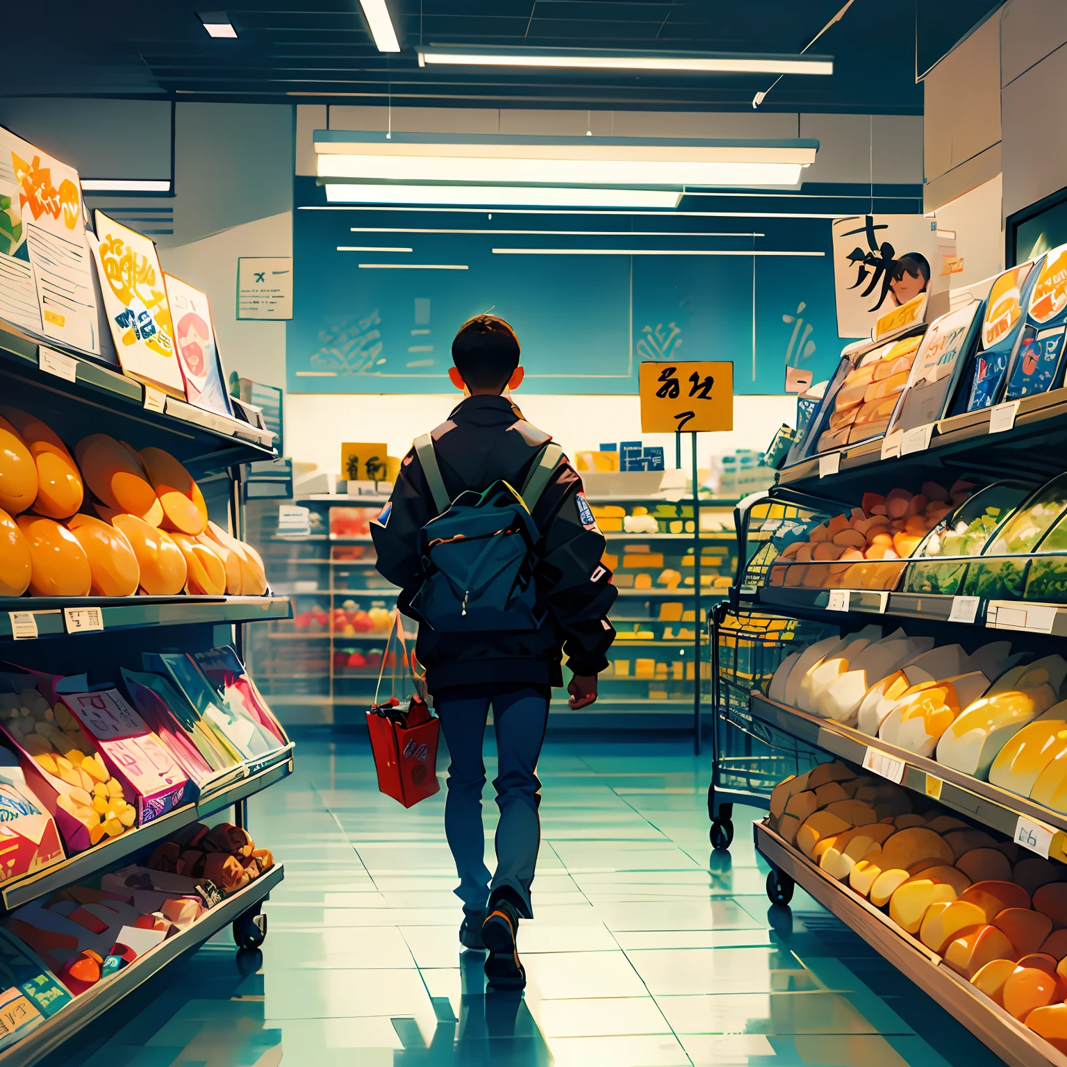 schoolboy,mid day,supermarket,Blue clothes,brush cut,Need,tmasterpiece --auto
