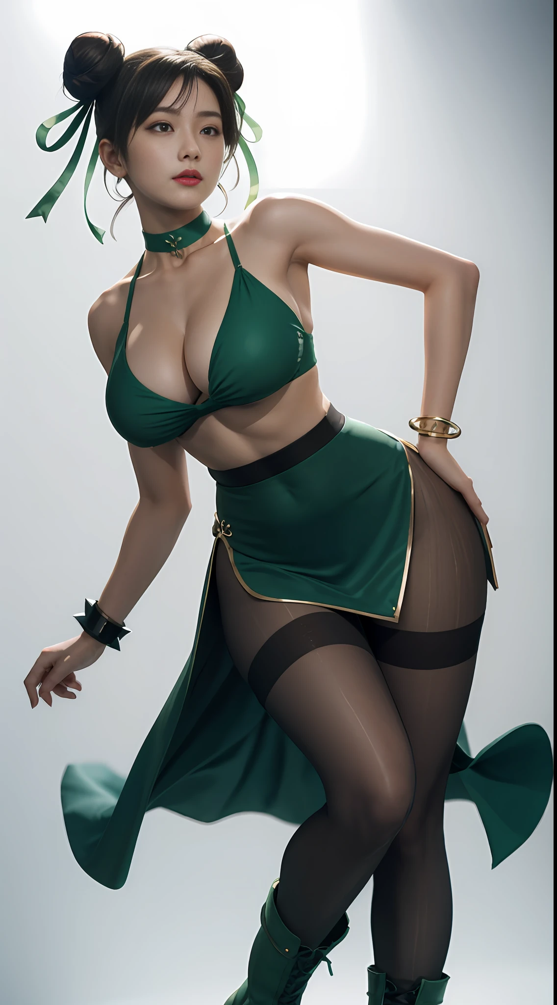 ((White light and shadow background:1.8)),((studio lit:1.8))(the Extremely Detailed CG Unity 8K Wallpapers,tmasterpiece,best qualtiy,ultra - detailed,best illuminate,best shadow,dynamic angle,dynamicposes),(untidy),(Playful)1 GIRL、Chun- li、boots、bangle、with brown eye、Green hair、Bun cover、Green porcelain skirt、Green bikini。Crossover laces, double bun hair, hair-bun, jewely, obi strip, short detailed hair, 独奏, Spiked bracelet, finger nails, Green dress, putting makeup on, a 1 woman, 25 age old, 熟妇, Beautiful Finger, Beautiful legs, beautiful figure, Nose beautification, Beautiful character design, perfect eyes, s the perfect face, jewely), ssee-through, Long legs,Tall guy,looking at viewert, hair adornments, choker necklace, is shy, showy, (Bigchest: 1.2), Thick thigh 1.6)), ((Green pelvic curtain: 1.6)) The upper part of the body,Floating skirt, Correct anatomy, detailed clothing texture,lacepantyhose, 3D, from below