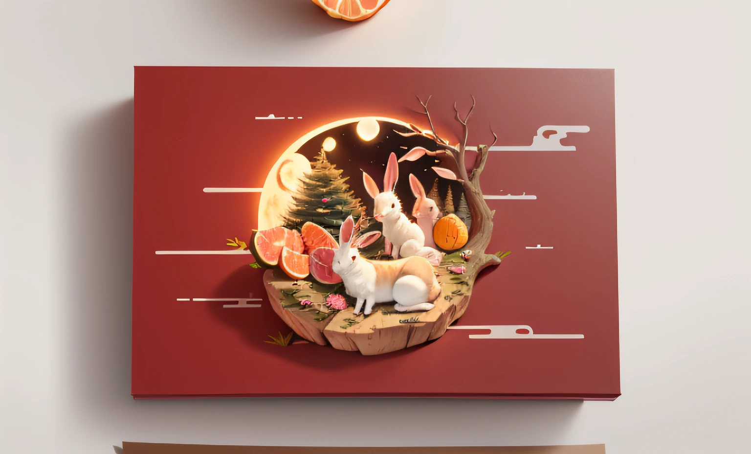 The style of paper cutting, Rabbit lying on grapefruit, Big tree on the side, And full moon with extremely high detail 2D illustration Mid-Autumn Festival Yuzu larger --auto