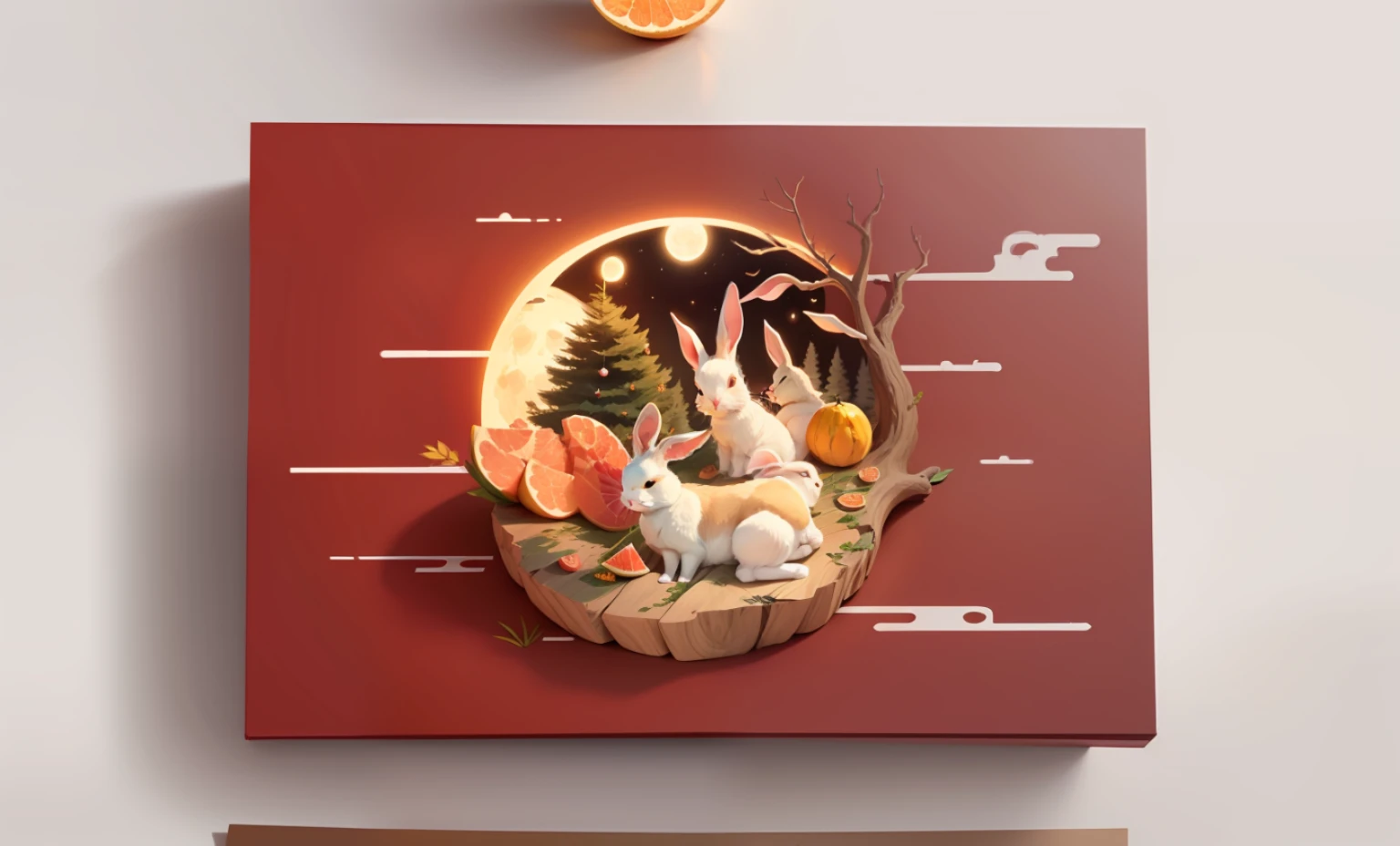 The style of paper cutting, Rabbit lying on grapefruit, Big tree on the side, And full moon with extremely high detail 2D illustration Mid-Autumn Festival Yuzu larger --auto