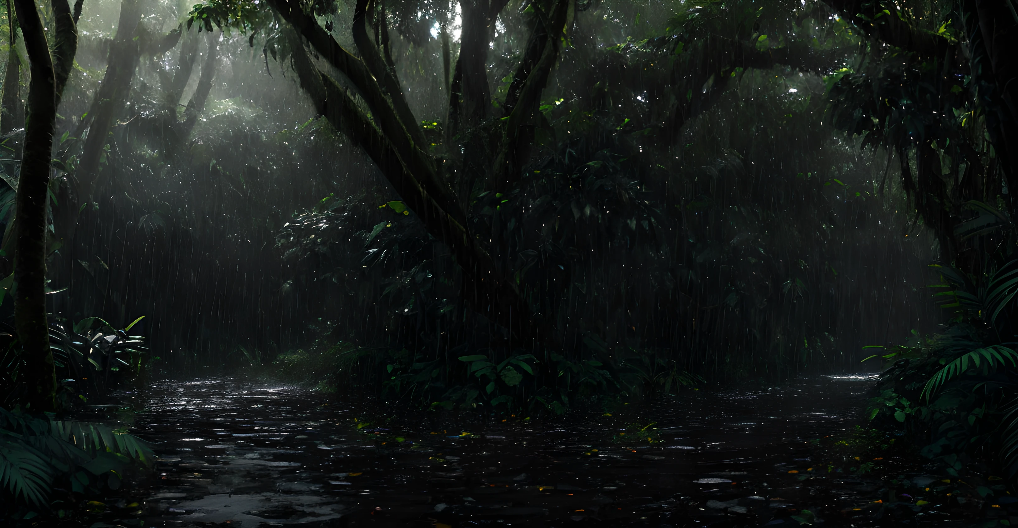 A jungle, with intense rainfall, monochromatic, vines all around, giant and wet trees, masterpiece, best quality, high quality, extremely detailed CG unity 8k wallpaper, oil paiting, award winning photography, Bokeh, Depth of Field, HDR, bloom, Chromatic Aberration ,Photorealistic,extremely detailed, trending on artstation, trending on CGsociety, Intricate, High Detail, dramatic, art by midjourney, volumetric lighting