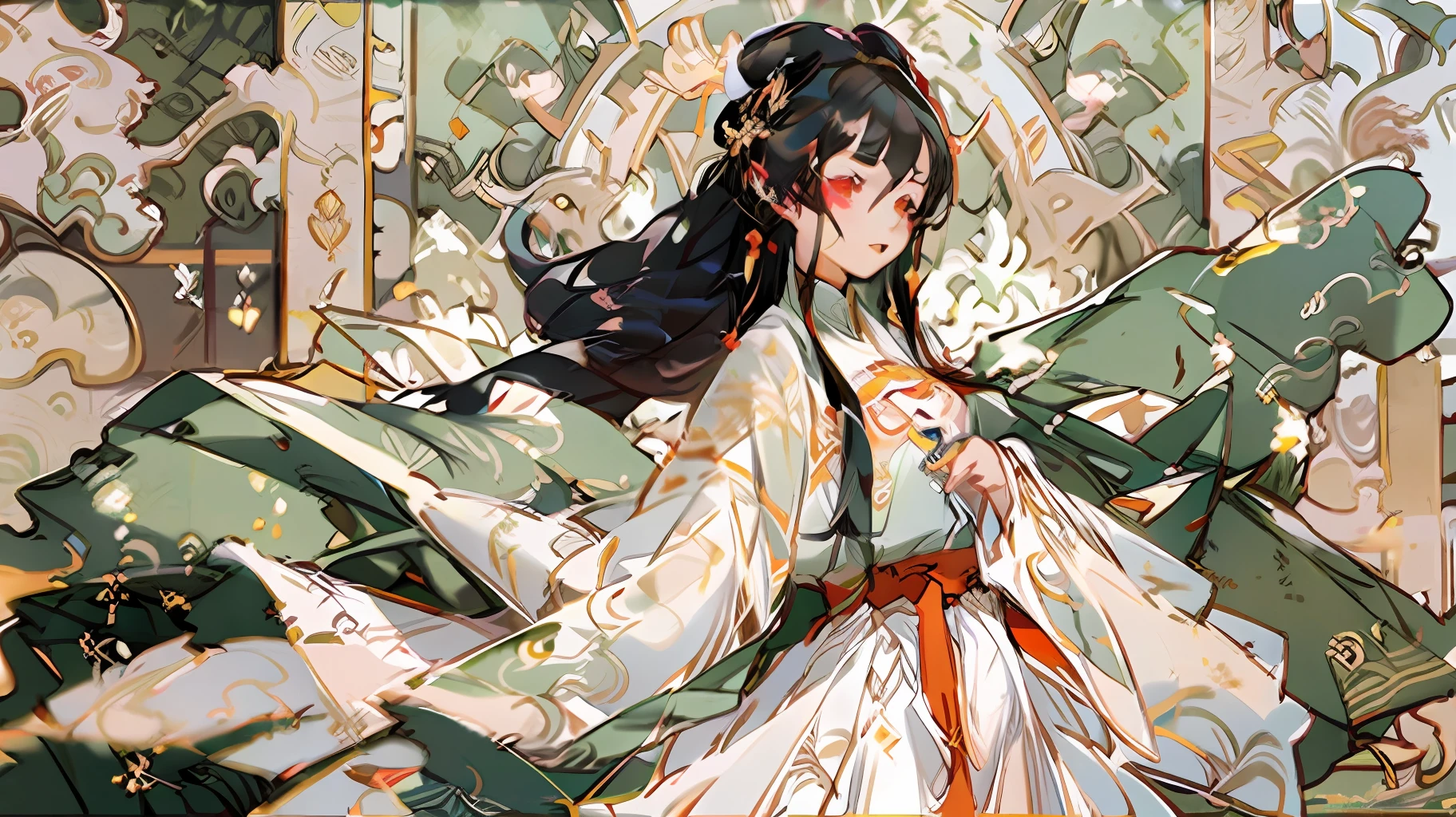Single image,Original Drawing,Flat coating,Ancient wind,Realistis,ventania,soft sun light,flowy,Hair that flutters in the wind,Long fluttering dress,China-style,Hanfu,Reddish tint,Chang'an,Exquisite facial features,Contre-Jour,The background is Chinese Tang Dynasty architecture,There are ancient buildings
