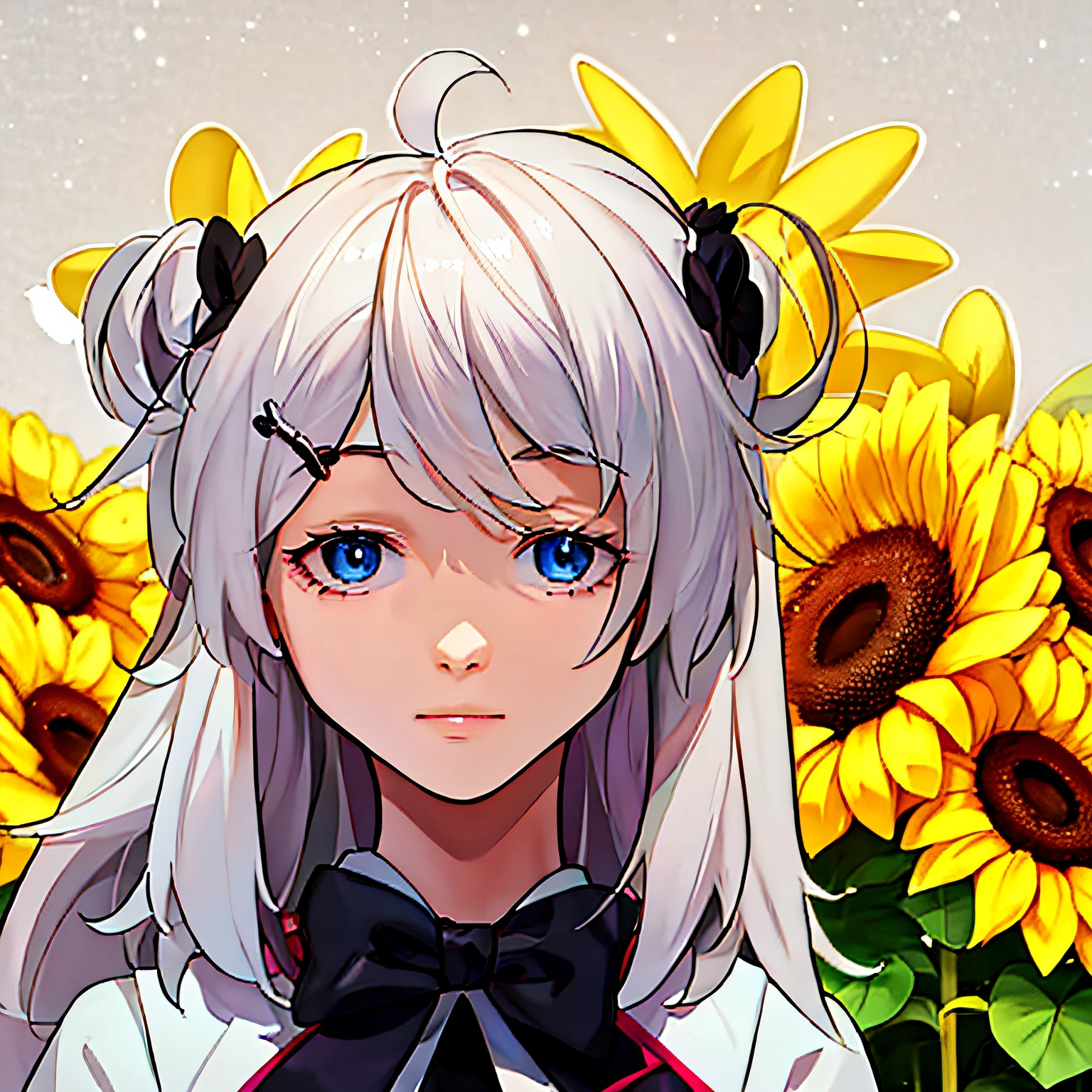 Anime girl with white hair and black bow tie in front of sunflower, beautiful sunflower anime girl, in an anime style, Anime style portrait, In anime style, anime art style, Silver hair (pony tails), anime moe art style, Anime art style, Silver hair girl, flat anime style shading, style of anime,