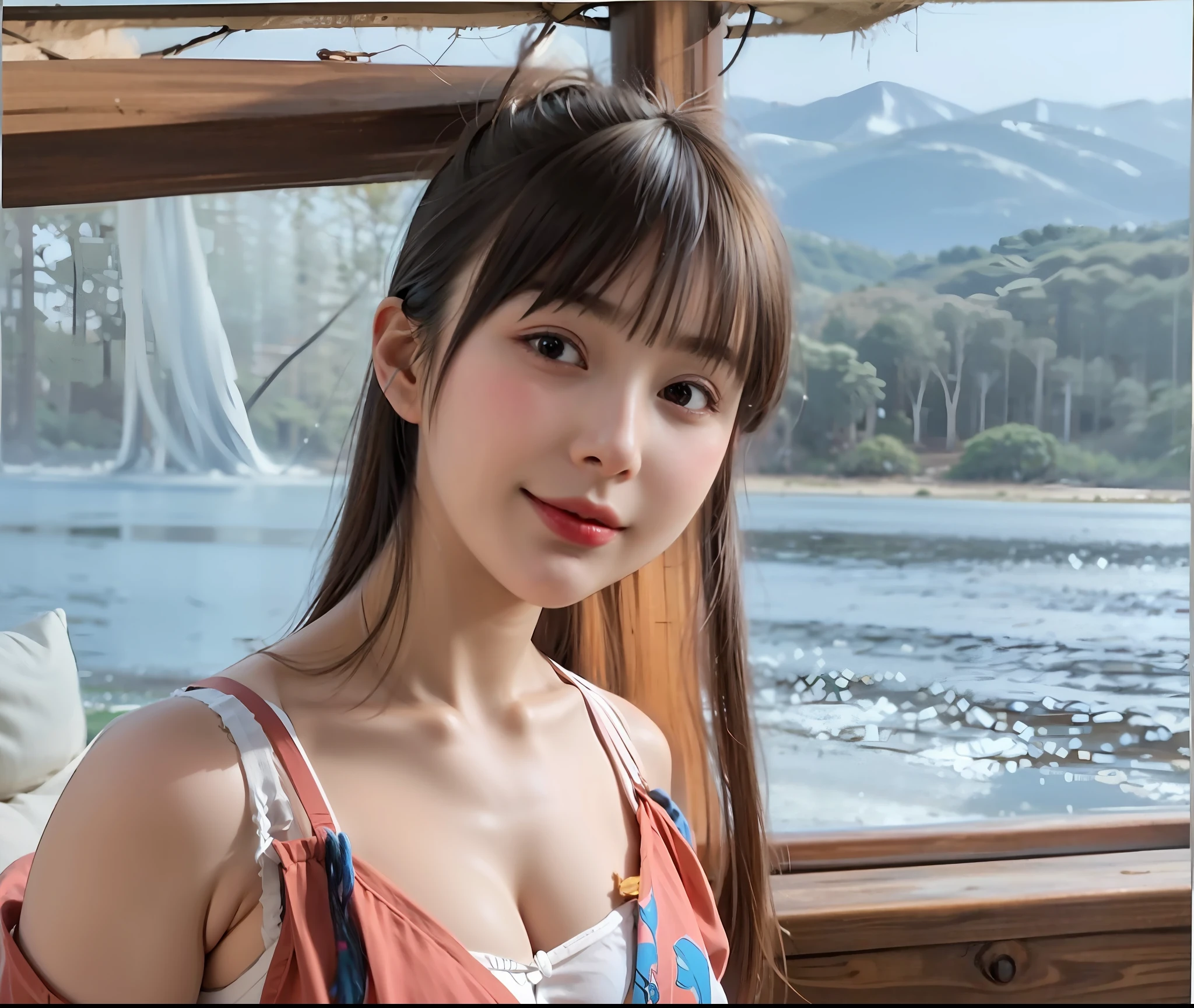 (8k, RAW photo, best quality, masterpiece:1.2), yjnn, 1girl, 3d, asian, bangs, bare_shoulders, bow, bra, chest, brown_eyes, brown_hair, cleavage, grey_background, lips, long_hair, long_sleeves, looking_at_viewer, medium_breasts, navel, nose, off_shoulder, open_clothes, open_shirt, panties, realistic, shirt, solo, stomach, underwear, undressing, upper_body, white_bra, white_panties, white_shirt,Shiny skin, beautiful delicate face, beautiful delicate eyes ,(realistic, photo realistic:1),Lie down on the bed