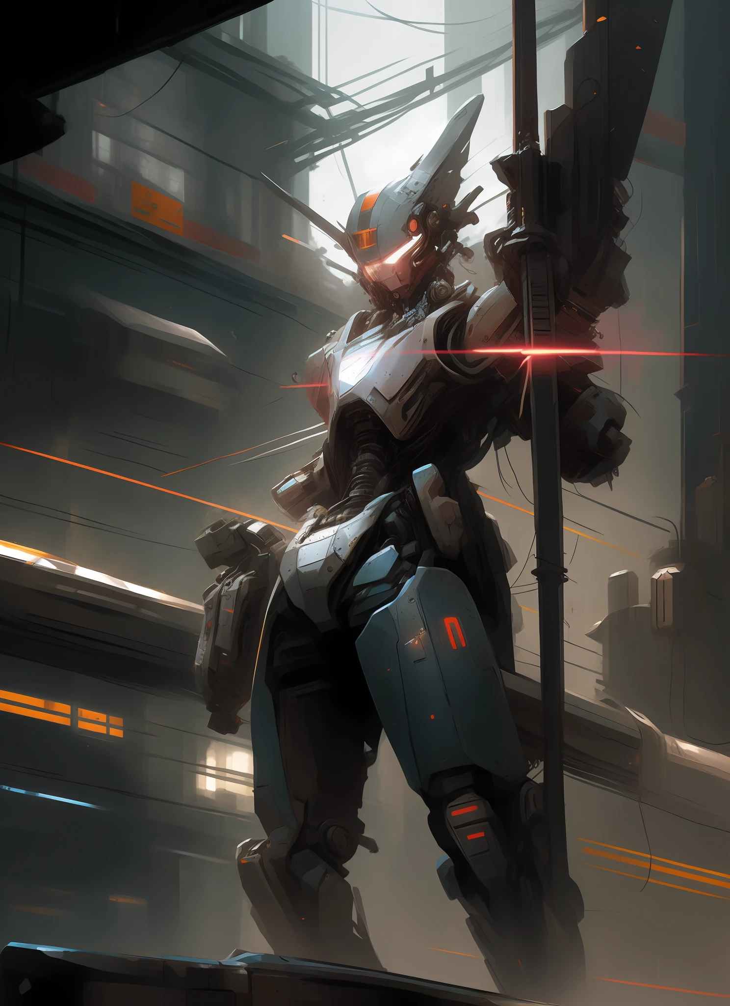 There was a robot standing on a pole in the street, style of raymond swanland, High quality digital concept art, krenz cushart and wenjun lin, Digital cyberpunk anime art, inspired by Raymond Swanland, anime concept hdr anime macmanus, by Raymond Swanland, cool mecha style, cgartists, Feng Zhu concept art
