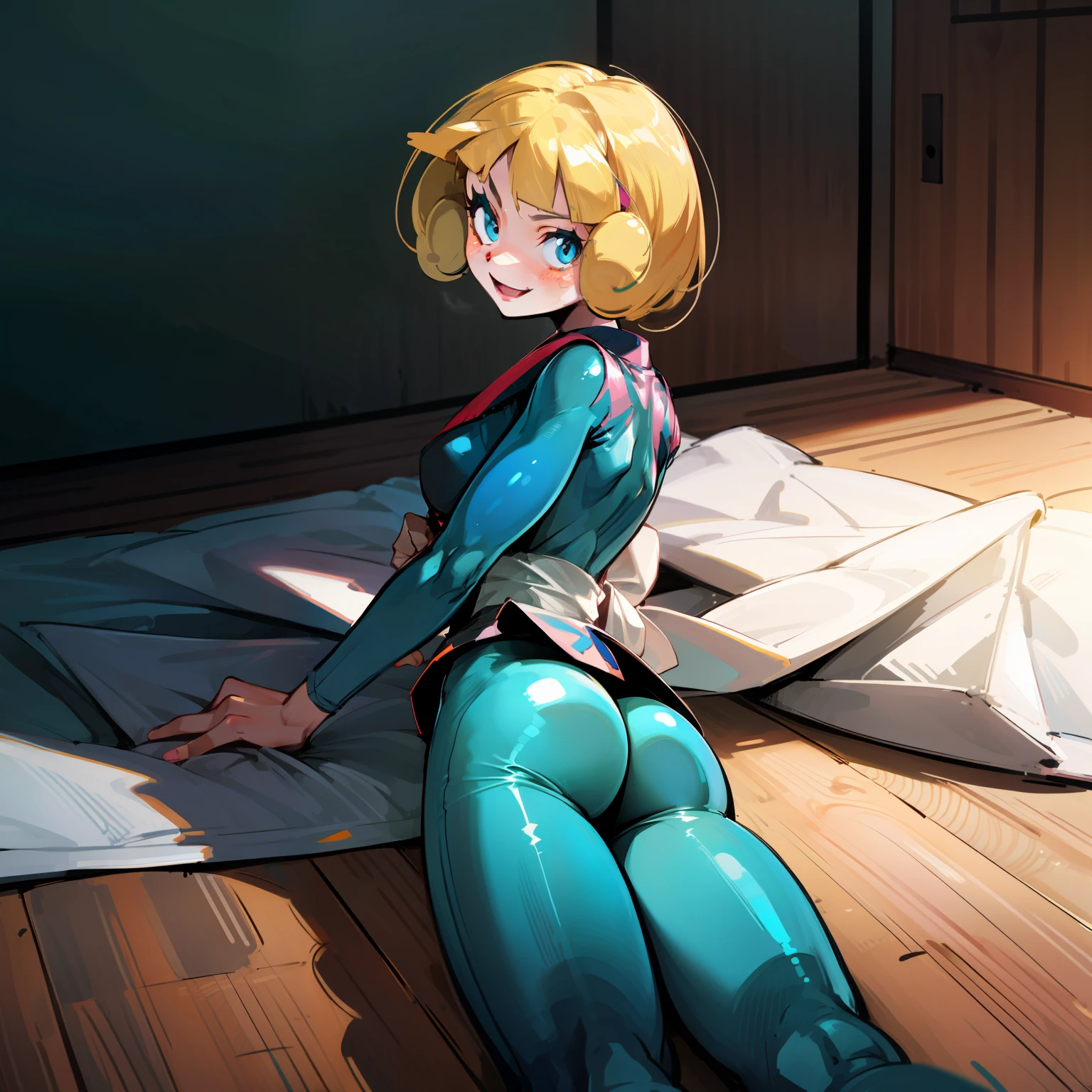 greta(pokemon), ass, crotch, breast, masterpiece , shiny skin,best quality, absurdres, illustration, 8k, blush, skindentation, detailed eyes, ultra-realistic, hdr, light smile, cinematic lighting, ambiente lighting , Greta, 1girl, solo, outfit, blue bodysuit, tight fit leggings, pokemon, sash ,happi,