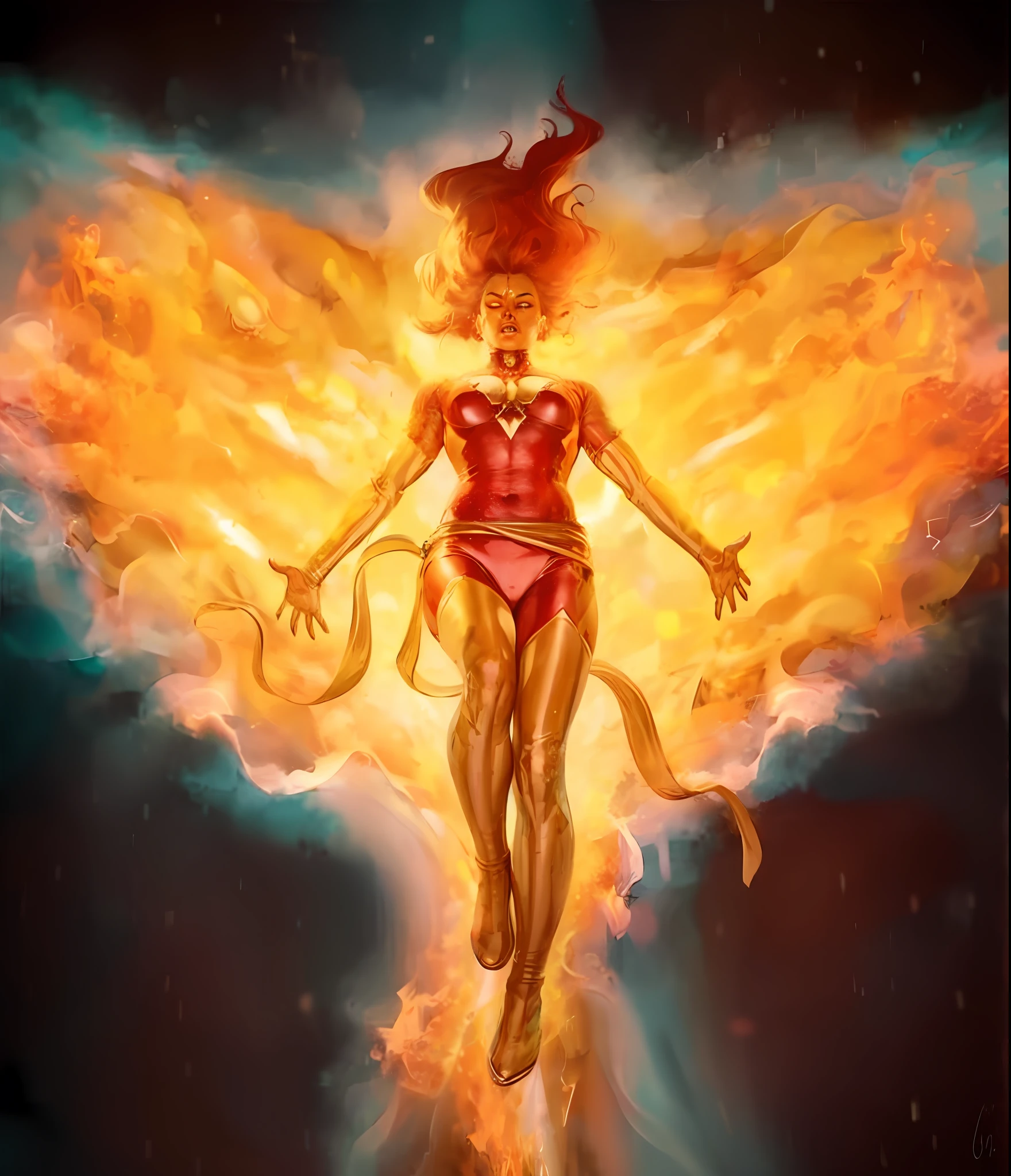 in flames