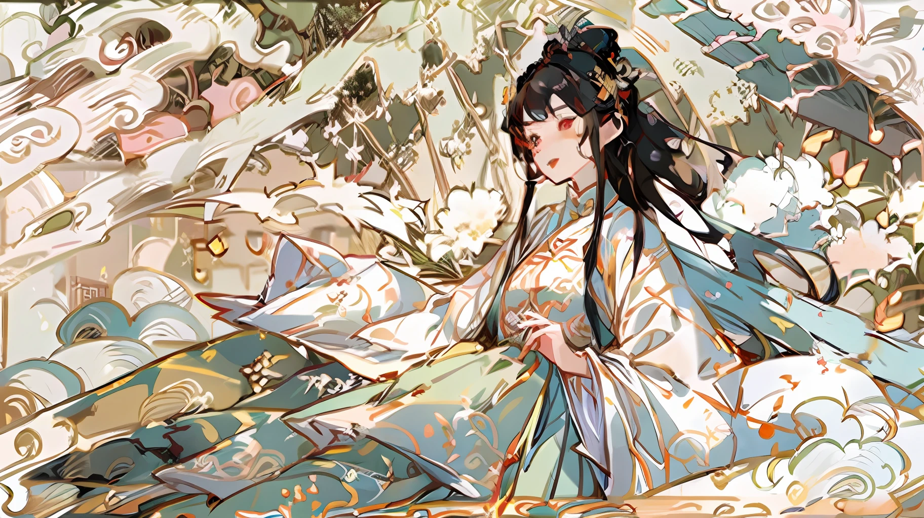 Single image,Original Drawing,Flat coating,Ancient wind,Realistis,ventania,soft sun light,flowy,Hair that flutters in the wind,Long fluttering dress,China-style,Hanfu,Reddish tint,Chang'an,Exquisite facial features,Contre-Jour,The background is Chinese Tang Dynasty architecture,There are ancient buildings