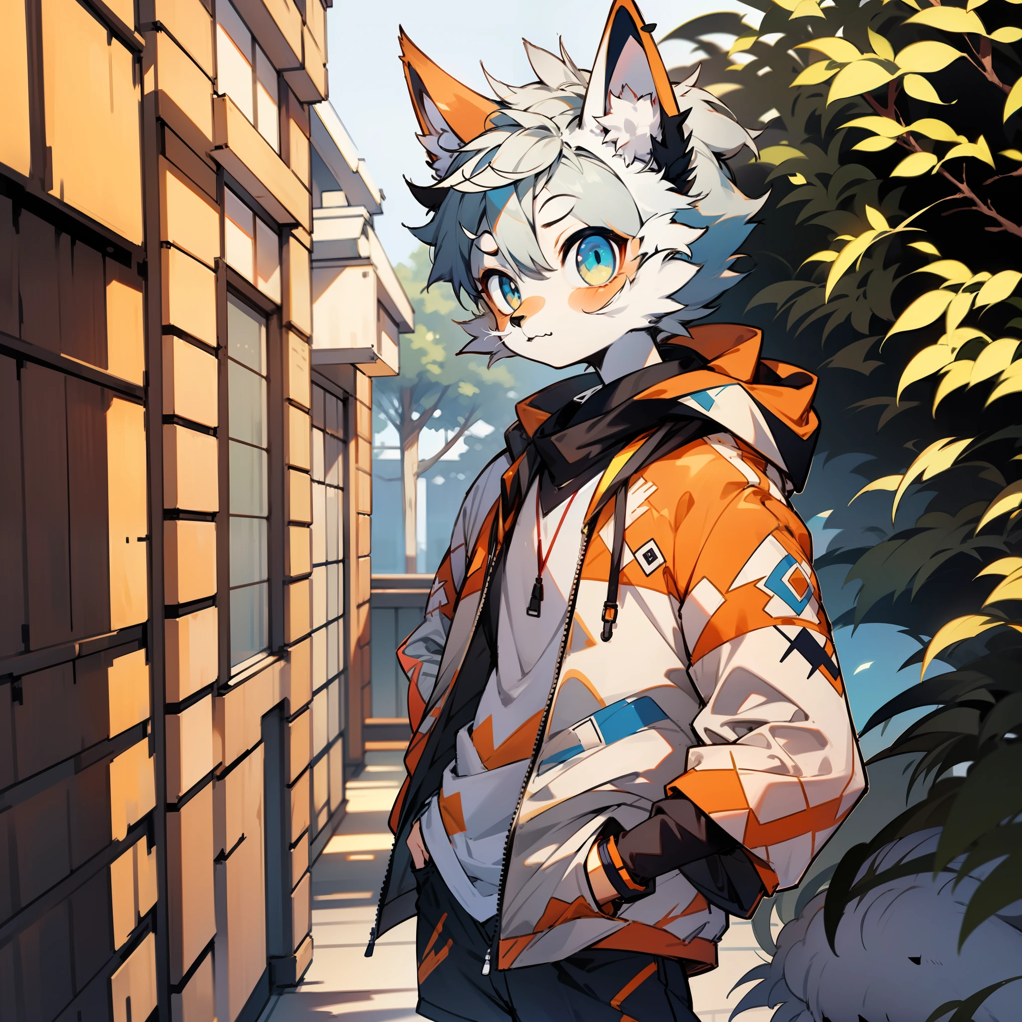 Navy blue sleeves,shota,furry,cute,lovely,orange fur,white ears,blue eyes,gray hoodie,gray shorts,warm lights,daytime,fantastic shadow sunshine