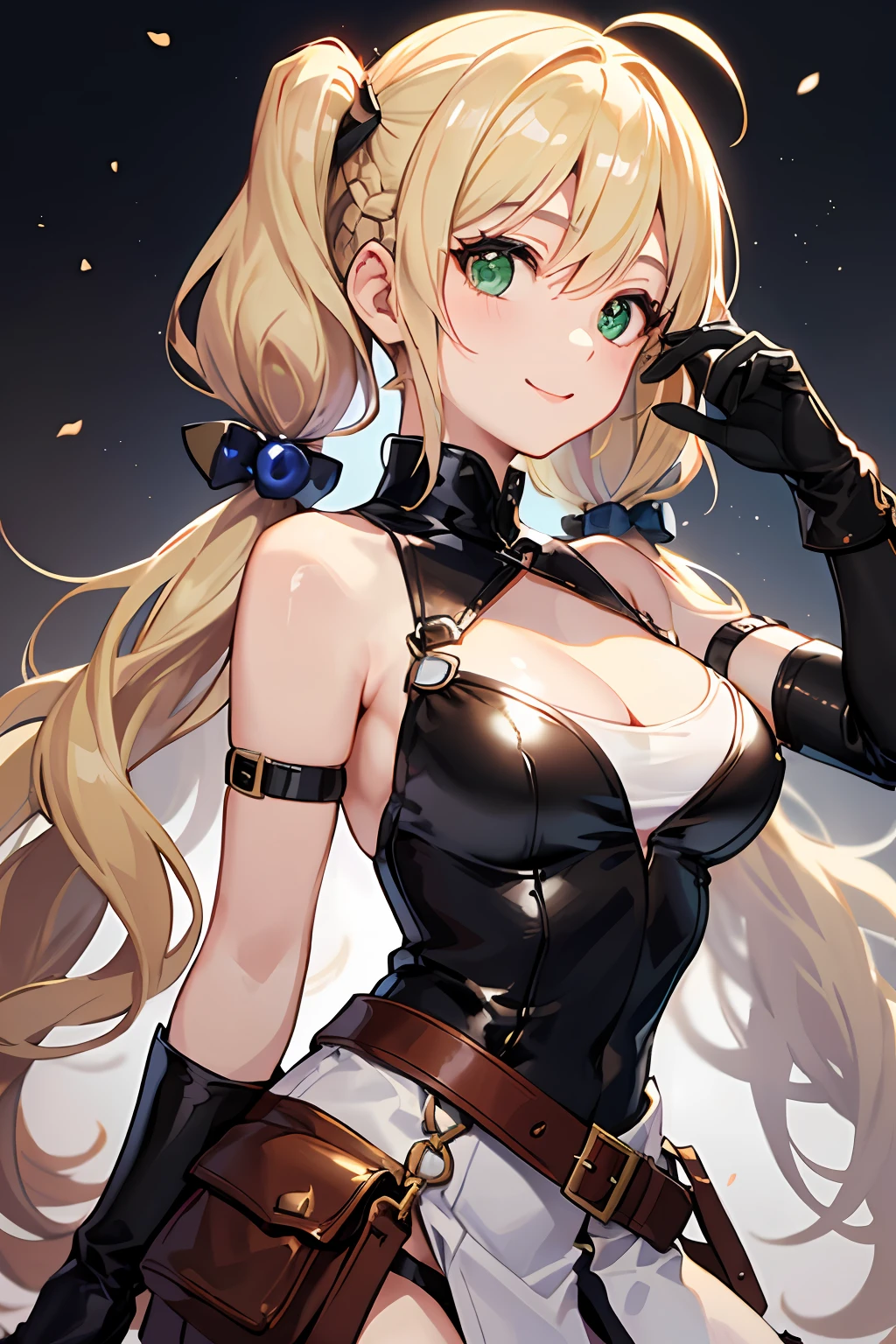 (NSFW:1.2)(best quality, masterpiece, highres,e:1.2)(kawaii)(Beautiful face)(Petite:1.4 ), ((Blonde hair:1.4),Wavy hair, Hair Between Eyes, ((low twintails:1.4)), Braids , side locks, Ahoge, flipped hair )hair ornaments,(Green eyes:1.2) ,Steampunk, (London street fashion:1.1)engineer,(white sleeveless sundress:1.4), Belt, Bracelet , (Leather gloves:1.4)(tighstrap)(Looking up:1.2) ,Cowboy Shot,(Dynamic Angle, (close to viewer:1.2), Focus Face, fish-eye lens,(white back)),(hands on own face),light smile