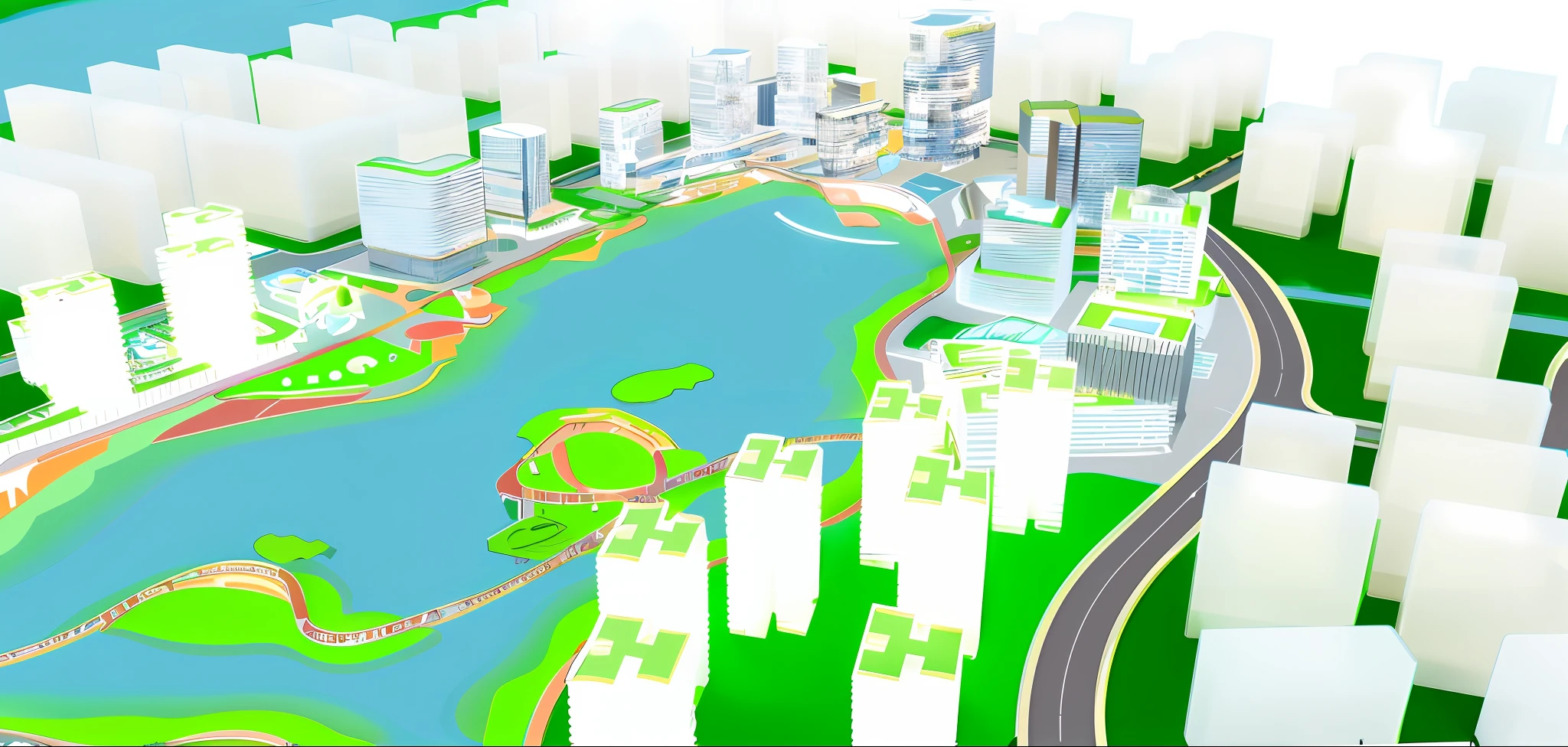 A breathtakingly realistic digital rendering of a city design aerial view, designed by architectural firms such as SOM and OMA, The scene features neatly arranged high-rise buildings in a modern style, with mountains and sea in the distance providing a stunning natural backdrop, The commercial office buildings and commercial complexes are designed to be functional yet stylish, creating a dynamic urban environment, (The lighting is expertly rendered to create a realistic glow), (with a modern cityscape design that features rooftop greenery and neatly arranged street trees), The image is rendered in high definition quality using 3D rendering software, making it a stunning piece of modern urban design,(35mm photography),