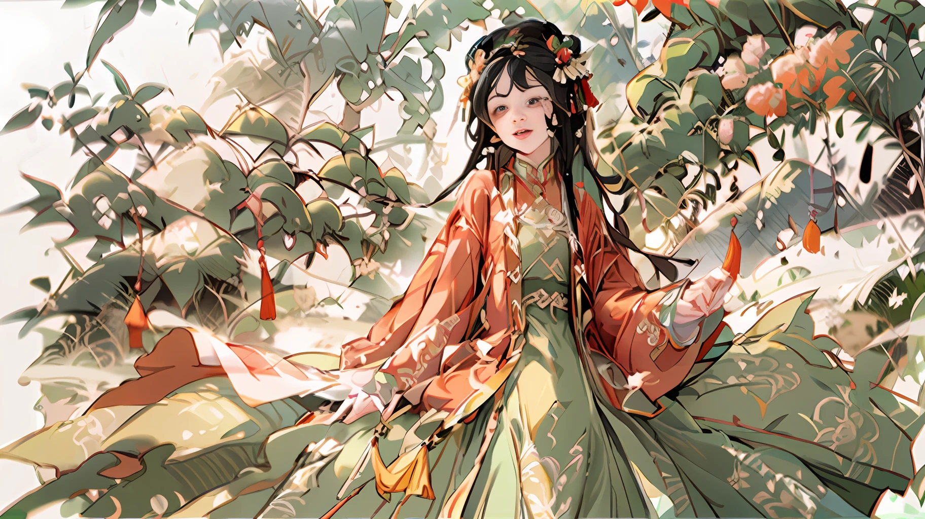 Single image，Original Drawing，Flat coating，Ancient wind，Realistis，ventania，soft sun light，flowy，Hair that flutters in the wind，Long fluttering dress，China-style，Hanfu，Reddish tint，Chang'an，Exquisite facial features，Contre-Jour，The background is Chinese Tang Dynasty architecture,There are ancient buildings