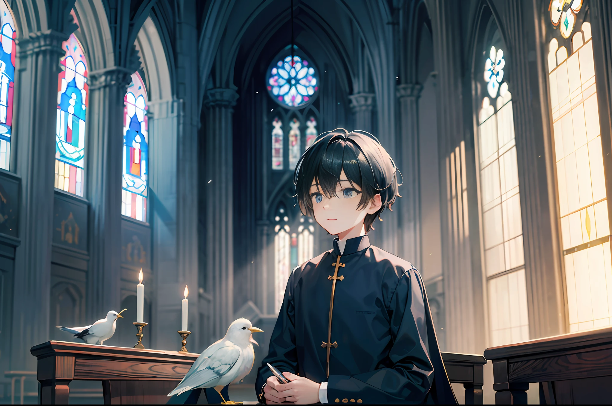 White-skinned boy,Dark blue church costume,White lining,In front of the glass stained window,black color hair,Blue eyes like the ocean,rays of sunshine,White bird stopping at the table,Scriptures scattered on the ground