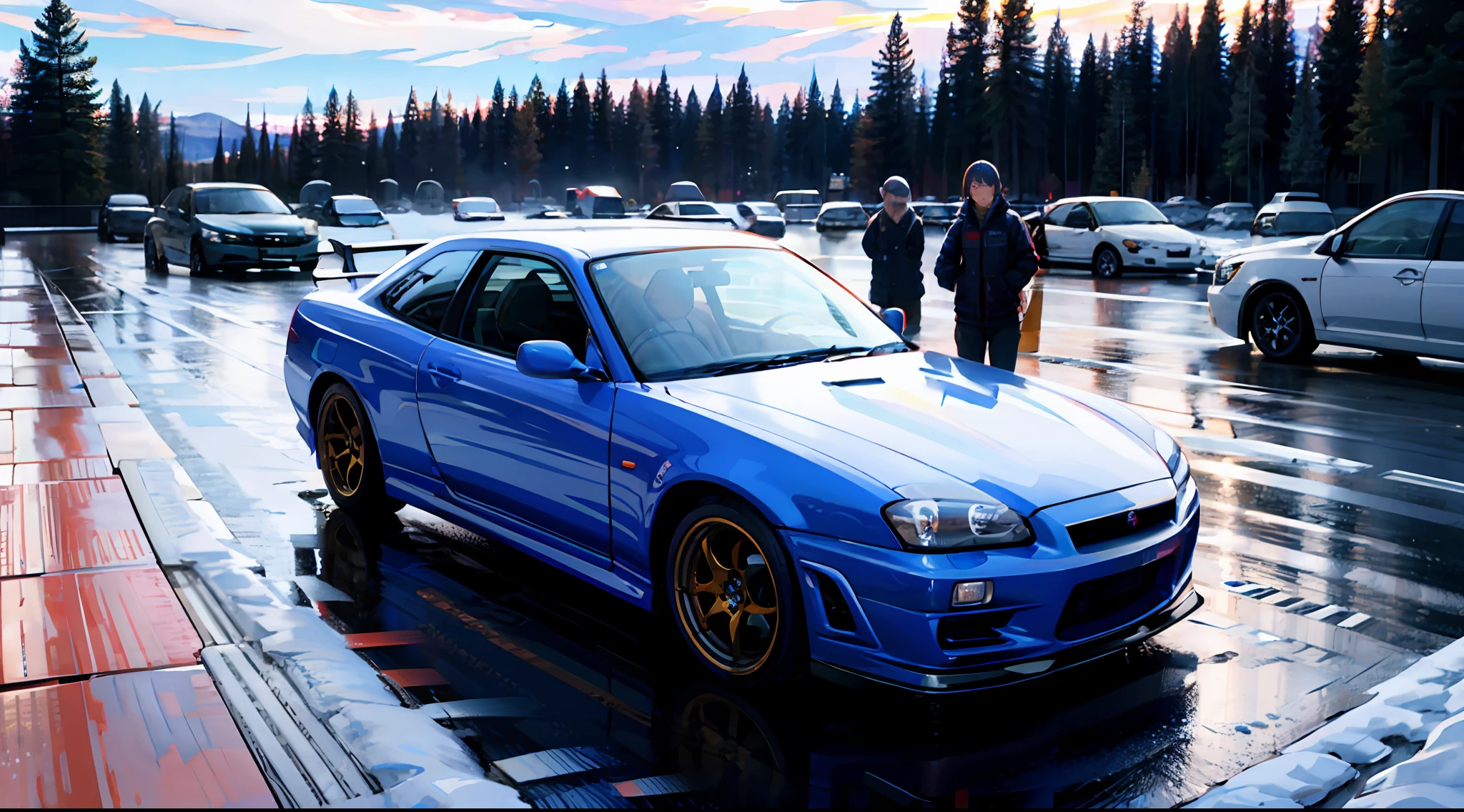 masterpiece,best quality,official art,extremely detailed CG unity 8k wallpaper,illustration,light,official art,extremely detailed CG unity 8k wallpaper,illustration,day, in winter,snow, beautiful detailed sky, light,forest,highway, outdoors,1car, (car:1), ground vehicle, sports car, nissan, GTR, skylineR34,mazda,rx-7,subaru,impresa,wrx, Mitsubishi, Lancer,Evo,porsche,turbo, Silver wheels,vehicle focus,need for speed,moving,wet,