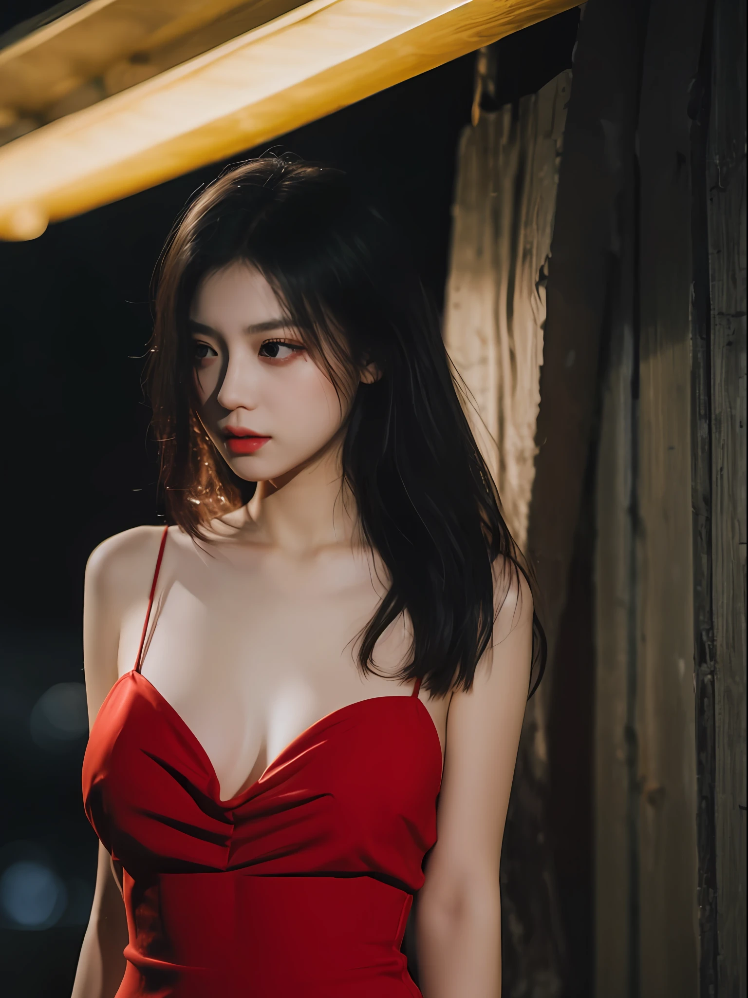 best qualtiy, tmasterpiece, 超高分辨率, (true to life:1.5), RAW photogr, 1girll, in the darkness nigth, deep shading, low tune, cold light, Sexy look, Red long hair,Red dress,dim murky lights,Side Body,nighttime scene