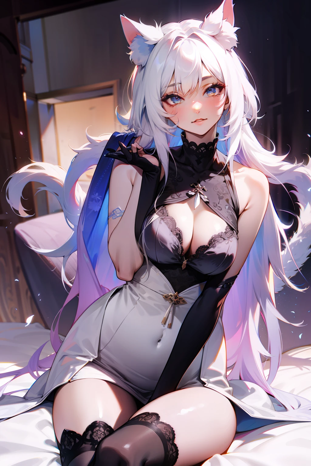 White hair, double tails, Textured skin, Lace stockings