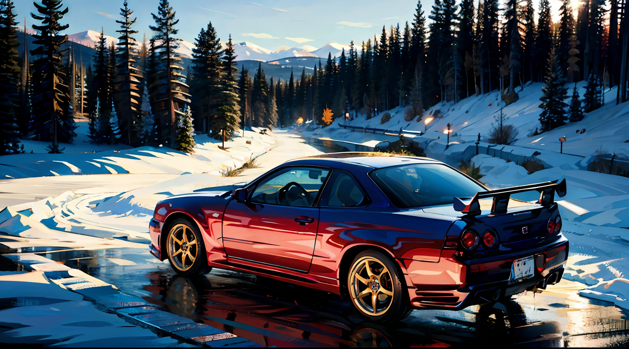 masterpiece,best quality,official art,extremely detailed CG unity 8k wallpaper,illustration,light,official art,extremely detailed CG unity 8k wallpaper,illustration,day, in winter,snow, beautiful detailed sky, light,forest,highway, outdoors,1car, (car:1), ground vehicle, sports car, nissan, GTR, skylineR34,mazda,rx-7,subaru,impresa,wrx, Mitsubishi, Lancer,Evo,porsche,turbo, Silver wheels,vehicle focus,need for speed,moving,wet,