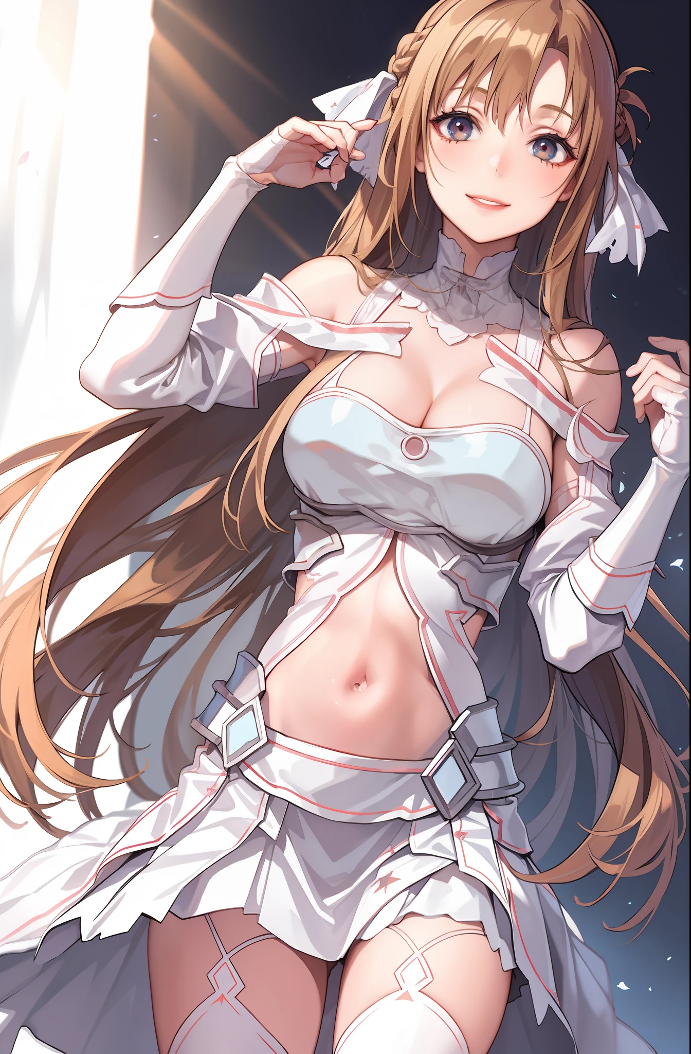 1 female, SAO Asuna's face, Asuna's hairstyle, big ribbon in hair, real beautiful girl, (realistic lips), smile like an angel, BREAK high-definition face, high-definition body, BREAK, off-shoulder cleavage, (open stomach), frilly 3-tier miniskirt, leaning forward, (face)