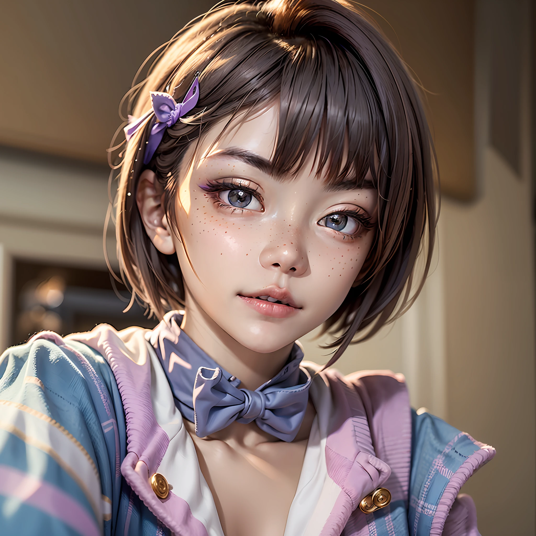 tmasterpiece,best qualtiy,Round face cute,A little freckles,Short hair girl,Freckles girl,light make-up, Purple pupils,well dressed