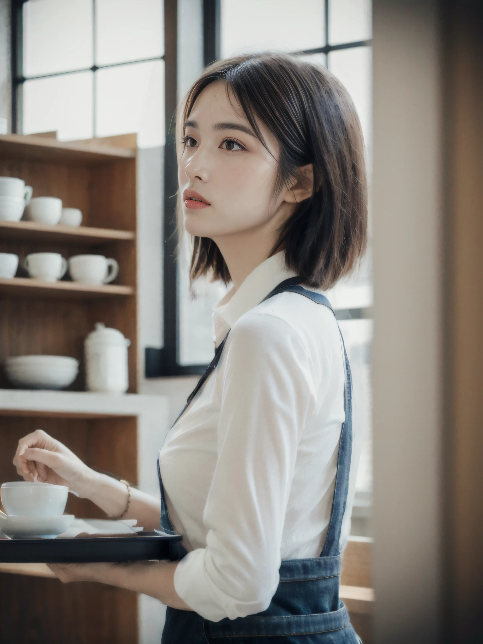 (Masterpiece: 1.3), (8k, Photorealistic, RAW Photo, Best Quality: 1.4), (1girl), Shallow depth of field, Face in focus, Soft Focus, Beautiful Face, (Backlit: 1.5), (Ambient: 1.3), (Realistic Face), (Black Hair, Medium Short: 1.3), Loose Wavy Hair, Short Bangs, Realistic Eyes, Dark brown eyes, highlights in pupils, beautiful detail eyes, (plenty of natural light), (realistic skin), beautiful skin, (blouse with white collar), (apron), (carrying a large tray), absurdity, attractive, ultra high resolution, ultra realistic, high definition, golden ratio, detailed café background, coffee cup, blackboard menu, light from the back window backlit, pale skylight of natural light, Natural light lighting from diagonal front of face, (small head), (small breasts), perfect anatomy