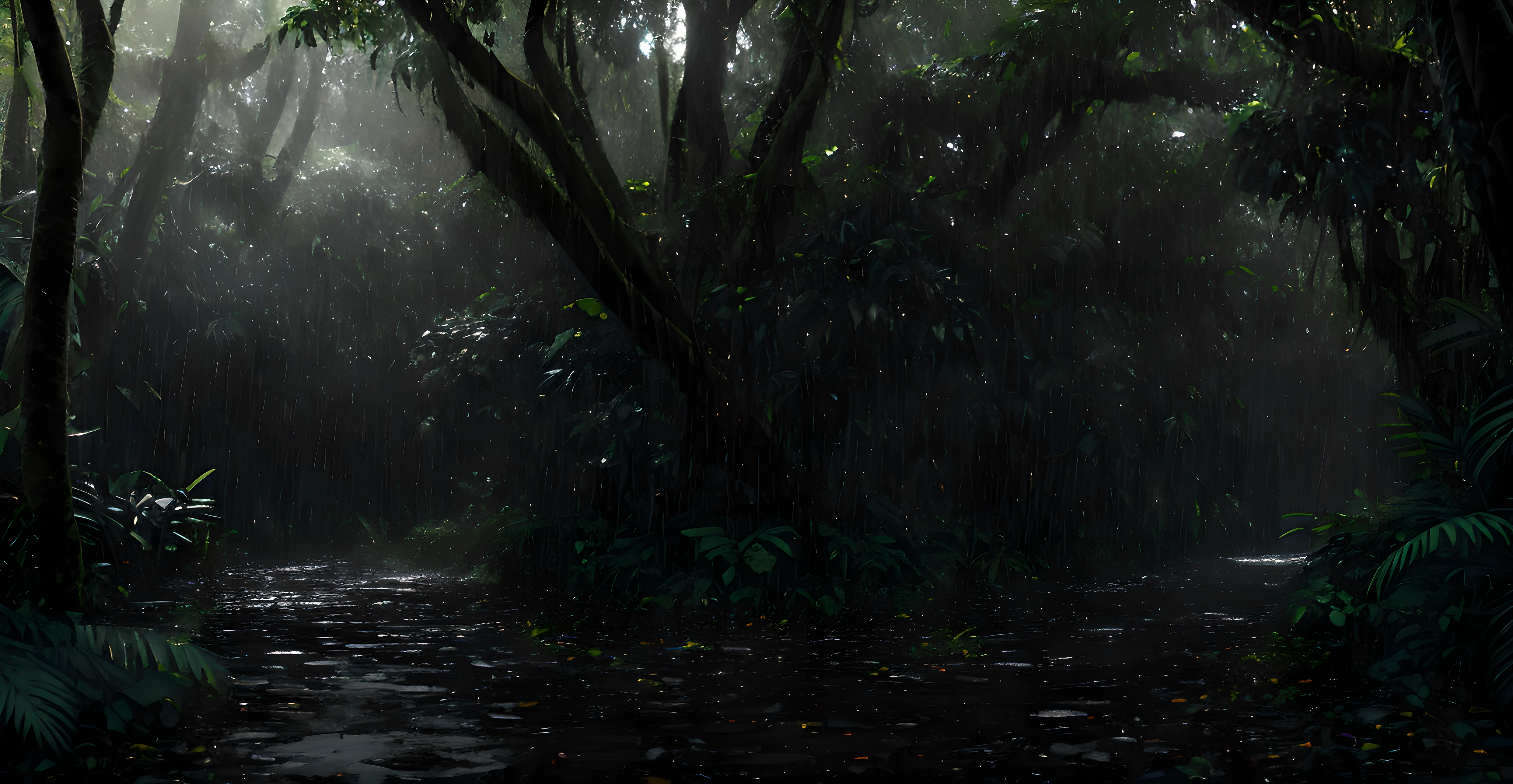 A jungle, with intense rainfall, monochromatic, vines all around, giant and wet trees, masterpiece, best quality, high quality, extremely detailed CG unity 8k wallpaper, oil paiting, award winning photography, Bokeh, Depth of Field, HDR, bloom, Chromatic Aberration ,Photorealistic,extremely detailed, trending on artstation, trending on CGsociety, Intricate, High Detail, dramatic, art by midjourney, volumetric lighting