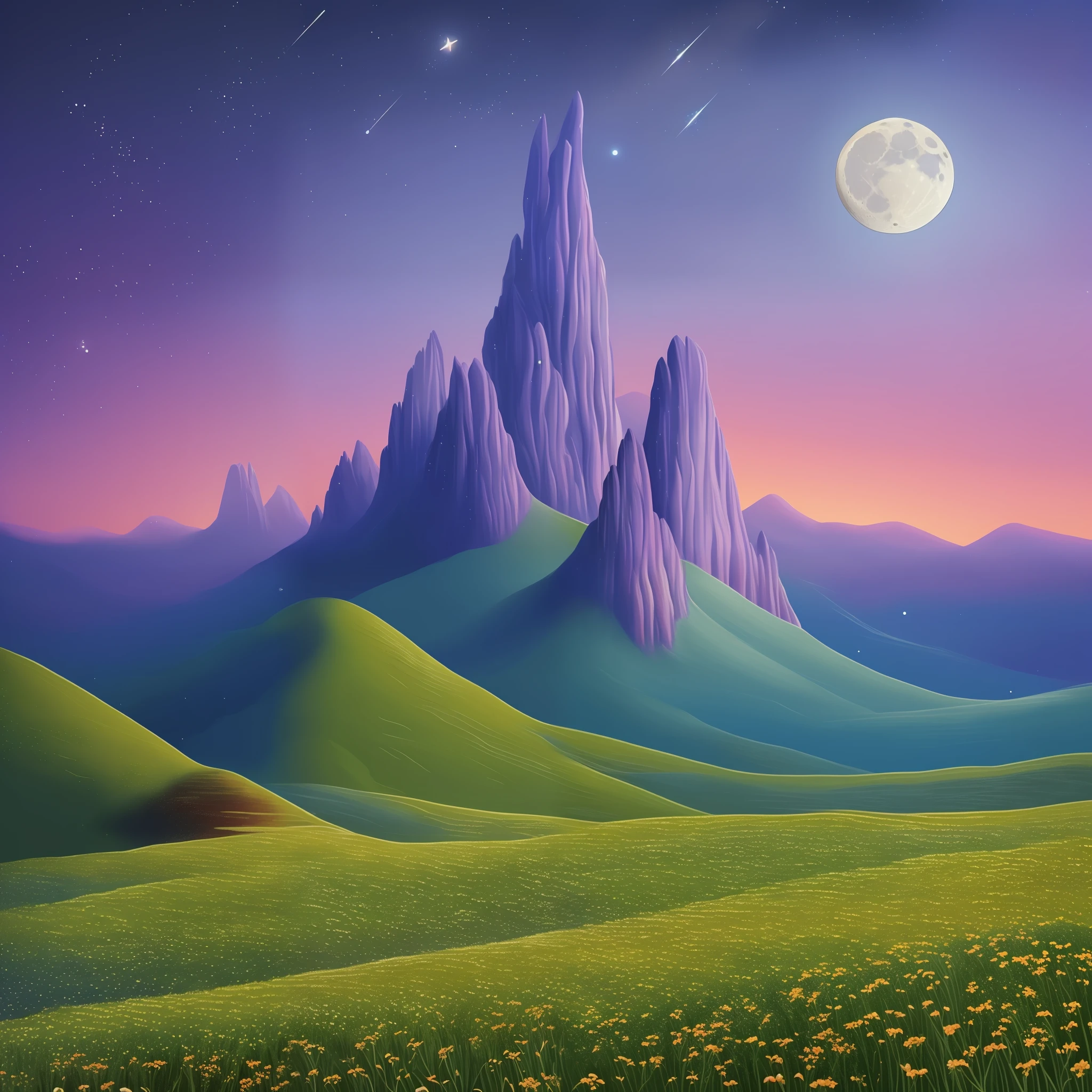 ((Deep purple landscape painting)+(nigh sky+themoon+As estrelas+Stars~1.2))，(Skysky+blue colors+scarlet~1.2 intertwined)，(ethereal clouds+Undulating peaks)+(Sparse plants+clearly visible texture：You can add and shrink the weight of 0.91)，(No border+clearly visible texture)。